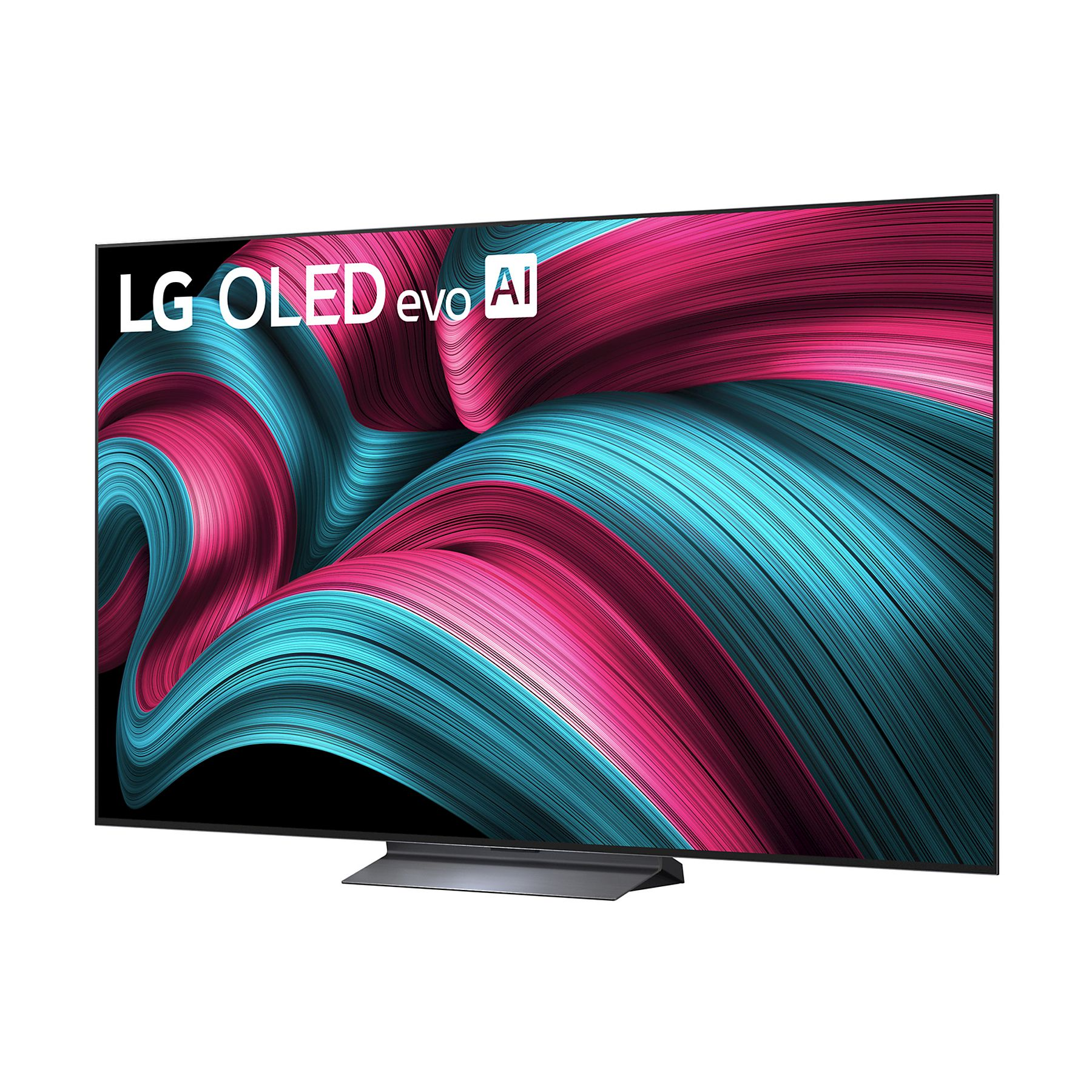 TV LG OLED evo AI. Mostra un motivo astratto colorato in blu, rosa e nero. La TV è su un supporto.