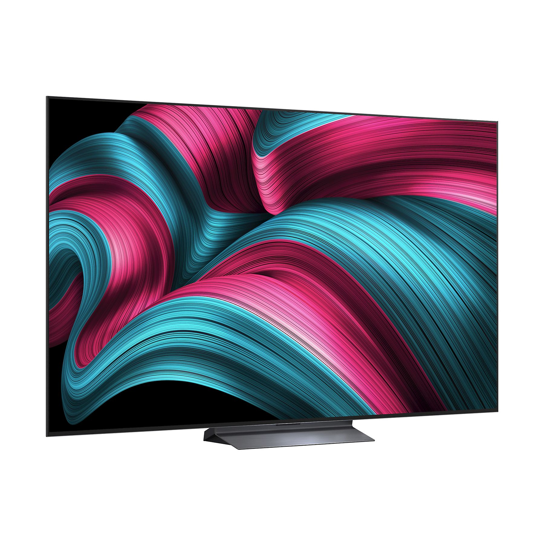 Una TV moderna mostra un motivo a vortice rosa e turchese su sfondo nero. La TV è su un supporto.