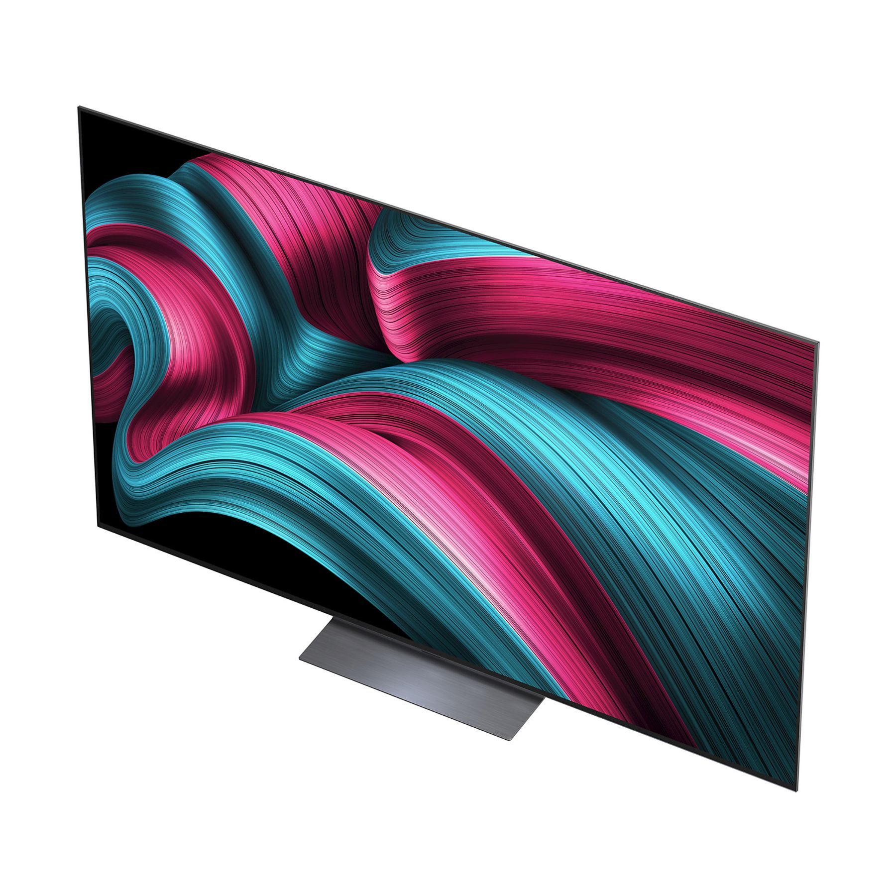 Una TV moderna mostra un design astratto rosa e verde acqua. La TV è su un supporto grigio, su sfondo bianco.
