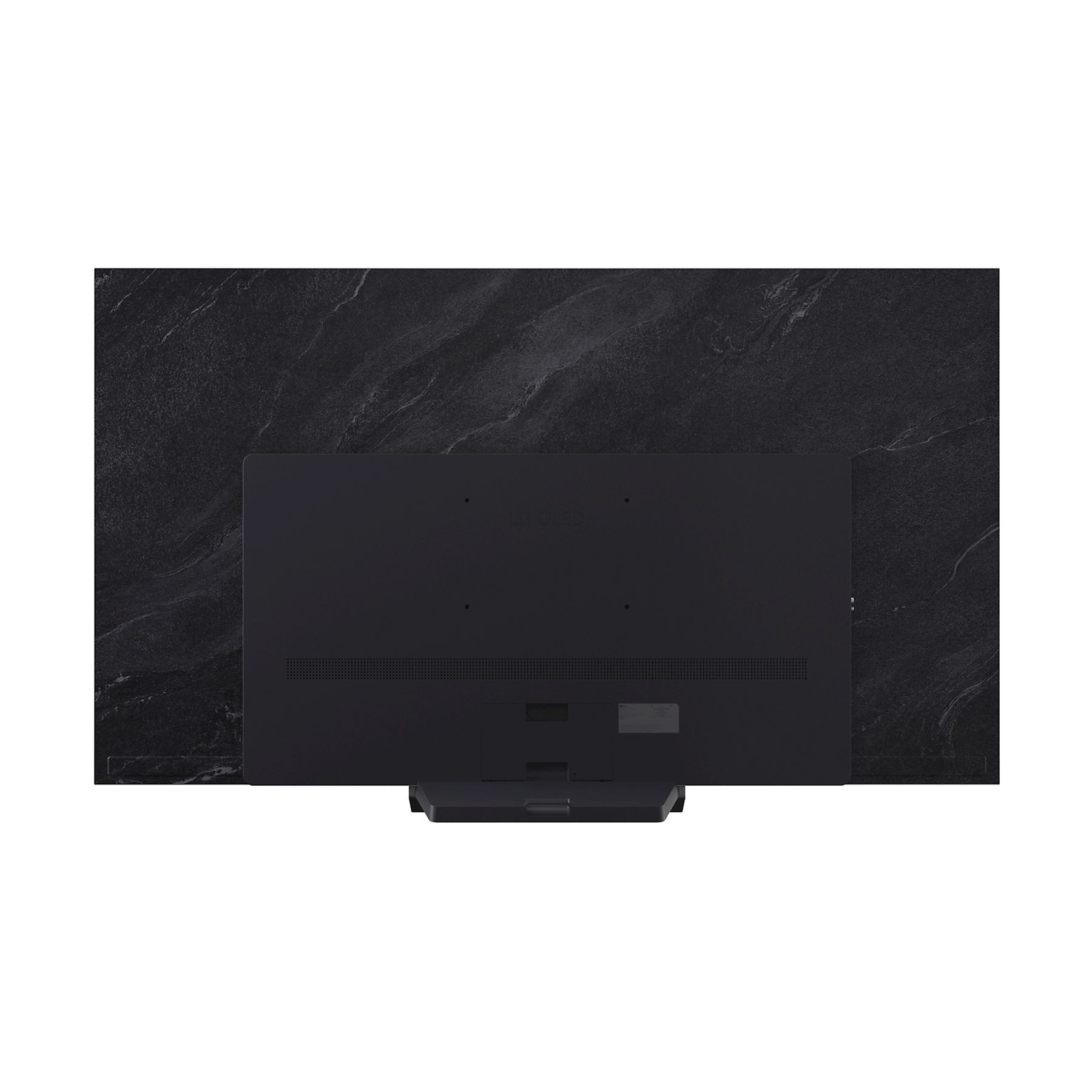 Ein schwarzer OLED-Fernseher ist an einer dunklen, strukturierten Wand befestigt. Der Fernseher hat einen Ständer, und die Rückseite ist sichtbar.