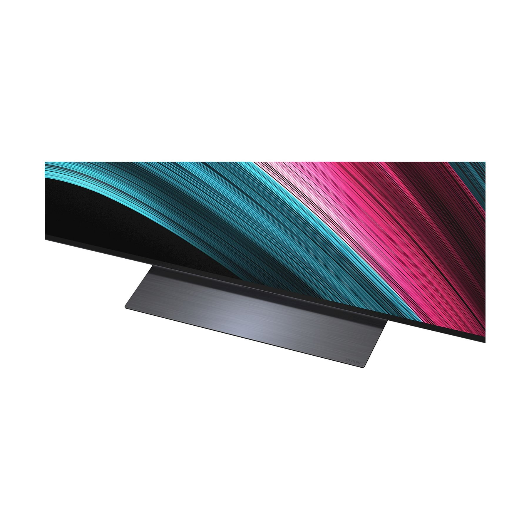 Una TV con un supporto nero. Lo schermo mostra linee ondulate blu e rosa. Il logo 'LG OLED' è visibile.