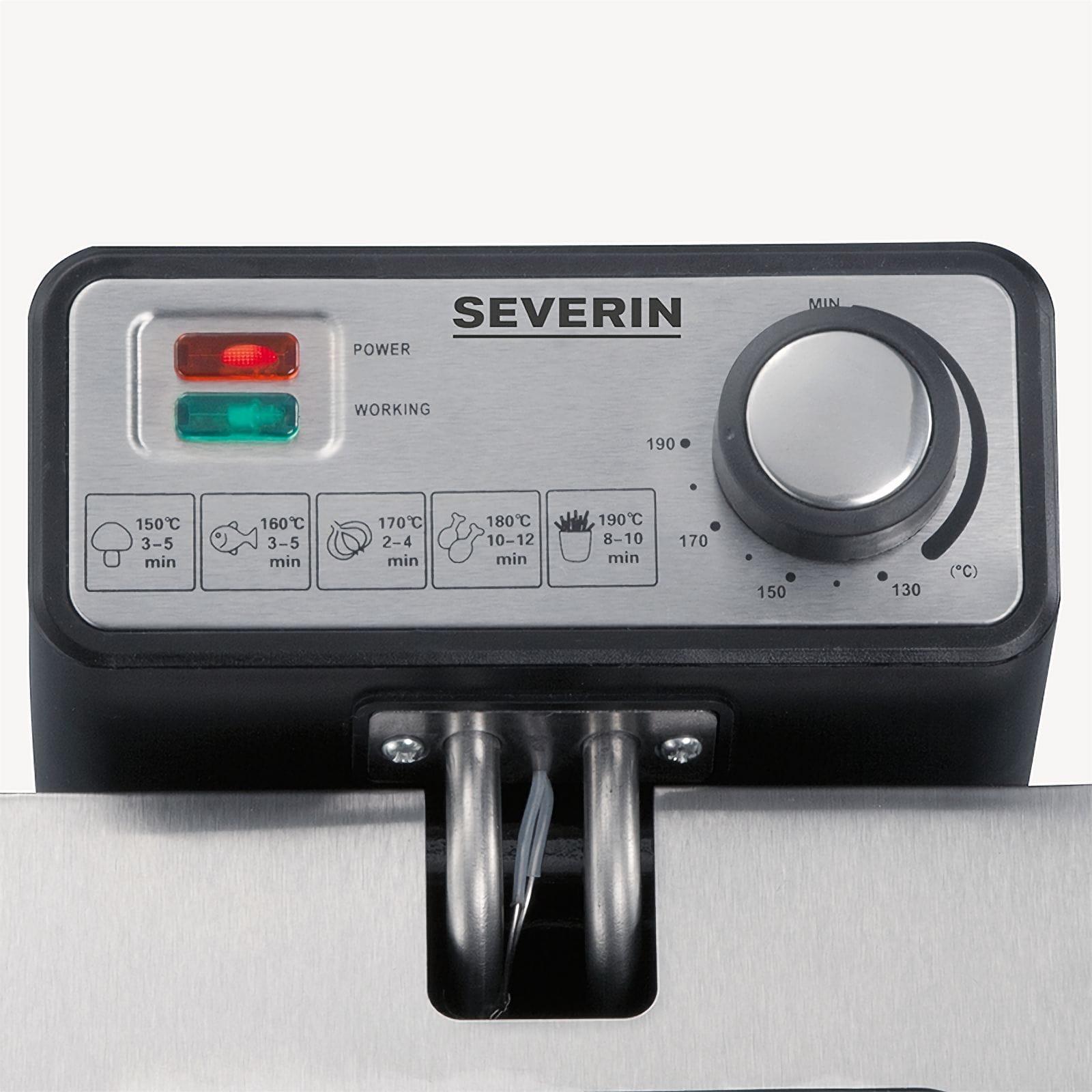 Zbliżenie panelu sterowania frytkownicy z kontrolkami, pokrętłem temperatury i ikonami jedzenia.