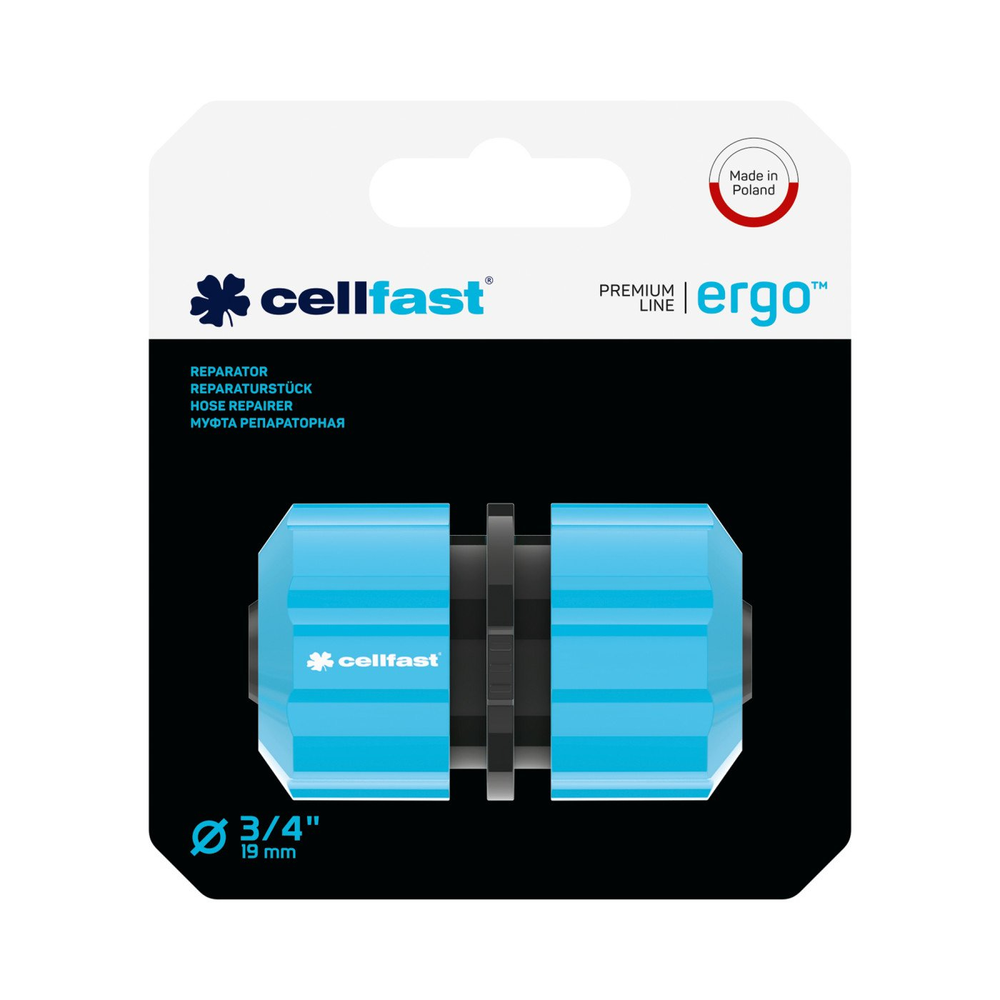 Un paquete reparador de mangueras cellfast. Muestra el producto y tiene texto en varios idiomas. También es visible Made in Poland.