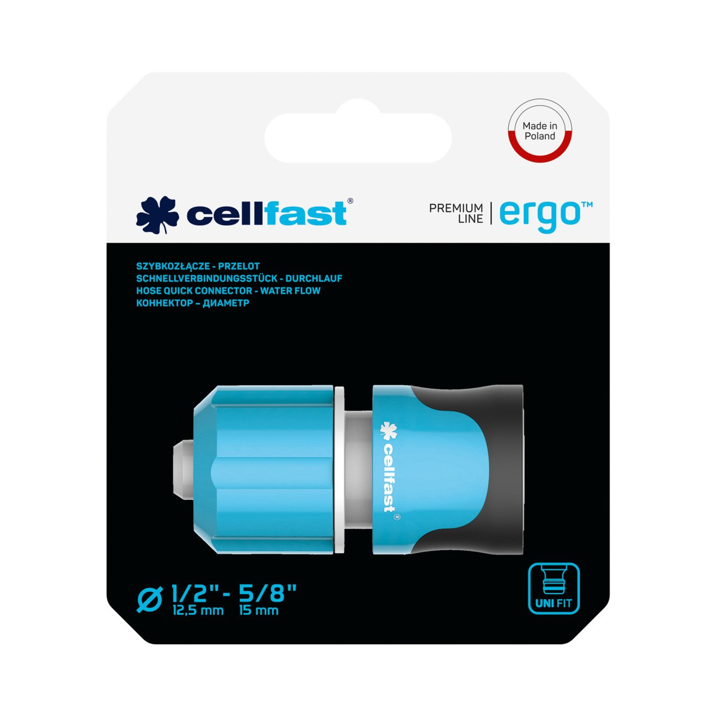 Un conector rápido de manguera Cellfast azul y negro sobre un fondo negro, con información del producto y la frase 'Made in Poland'.