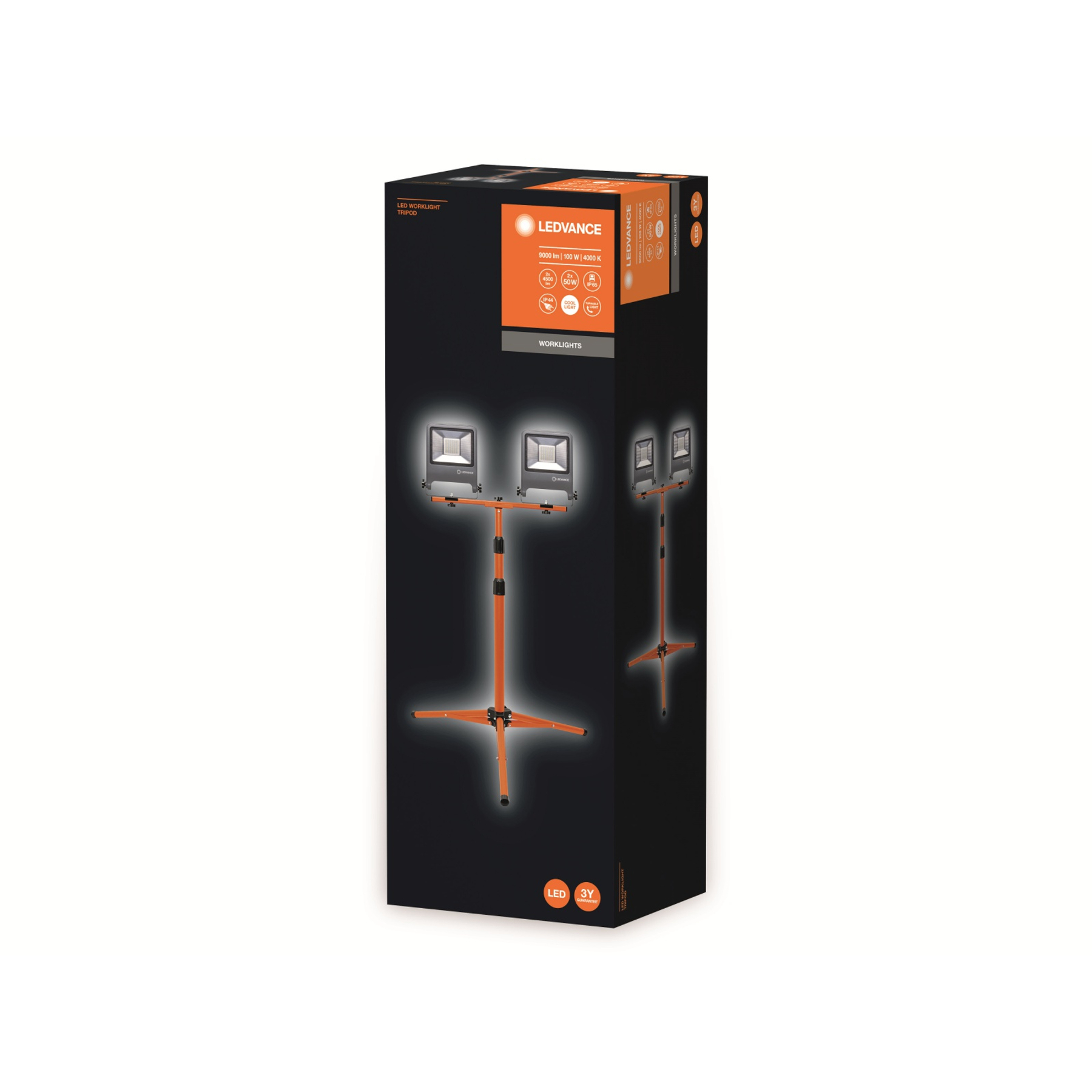 Eine LED-Arbeitsscheinwerfer-Stativverpackung. Die Box ist schwarz und orange und zeigt das Produkt.
