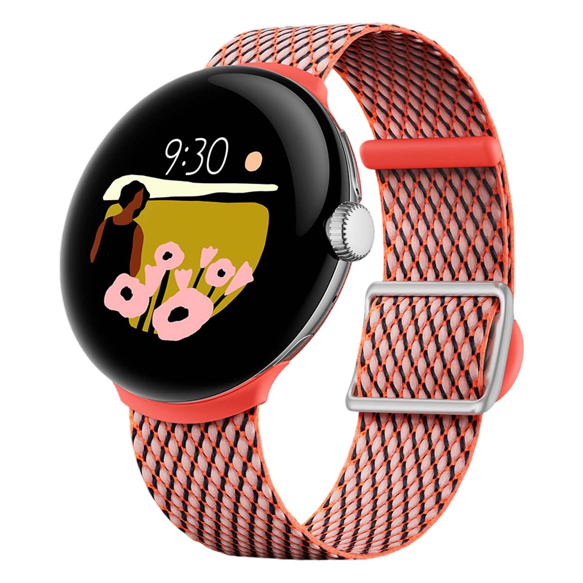 Un reloj inteligente con pantalla negra que muestra la hora y un diseño floral. Tiene una correa color coral con un patrón tejido.