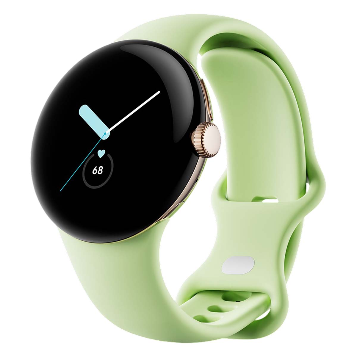 Un reloj inteligente verde claro con una pantalla negra que muestra la hora y la frecuencia cardíaca. La correa es verde claro y tiene un botón dorado.