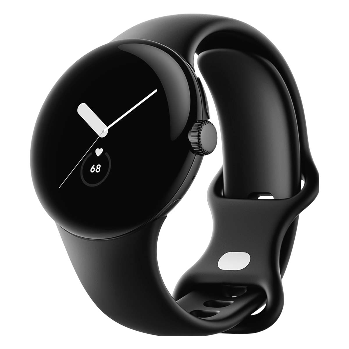 Un reloj inteligente negro con una esfera redonda que muestra la hora. La correa también es negra y curva. El reloj está sobre un fondo blanco.
