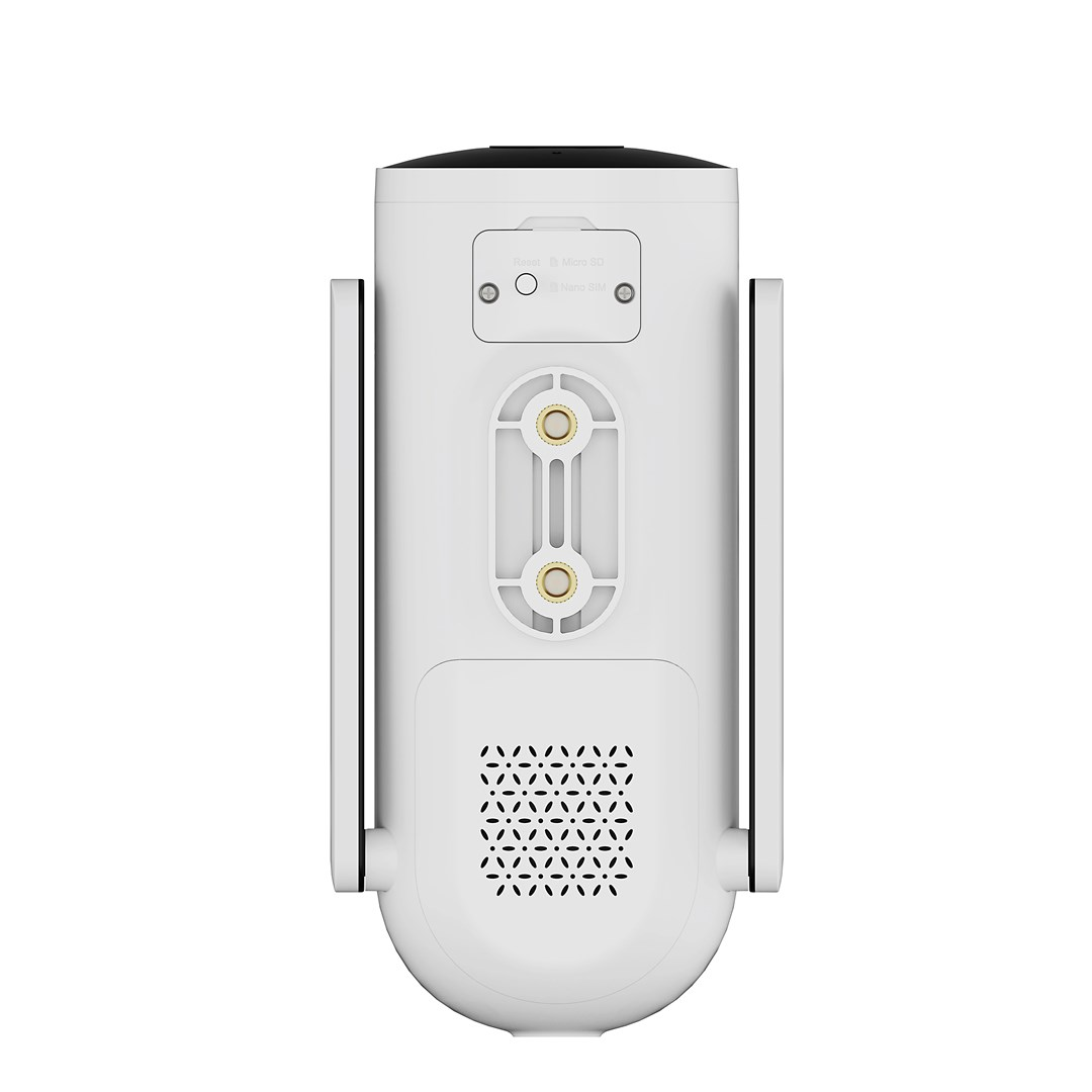 Białe urządzenie kamery bezpieczeństwa. Ma czarną górę i obszar wentylacji. Posiada przycisk reset, gniazdo Micro SD i gniazdo Nano SIM.
