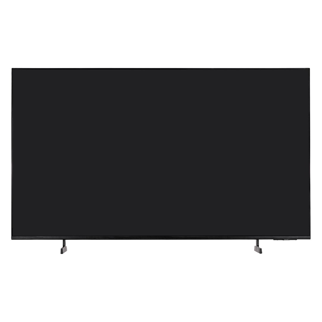 Una gran pantalla de televisión negra rectangular con finas patas plateadas, centrada sobre un fondo blanco.