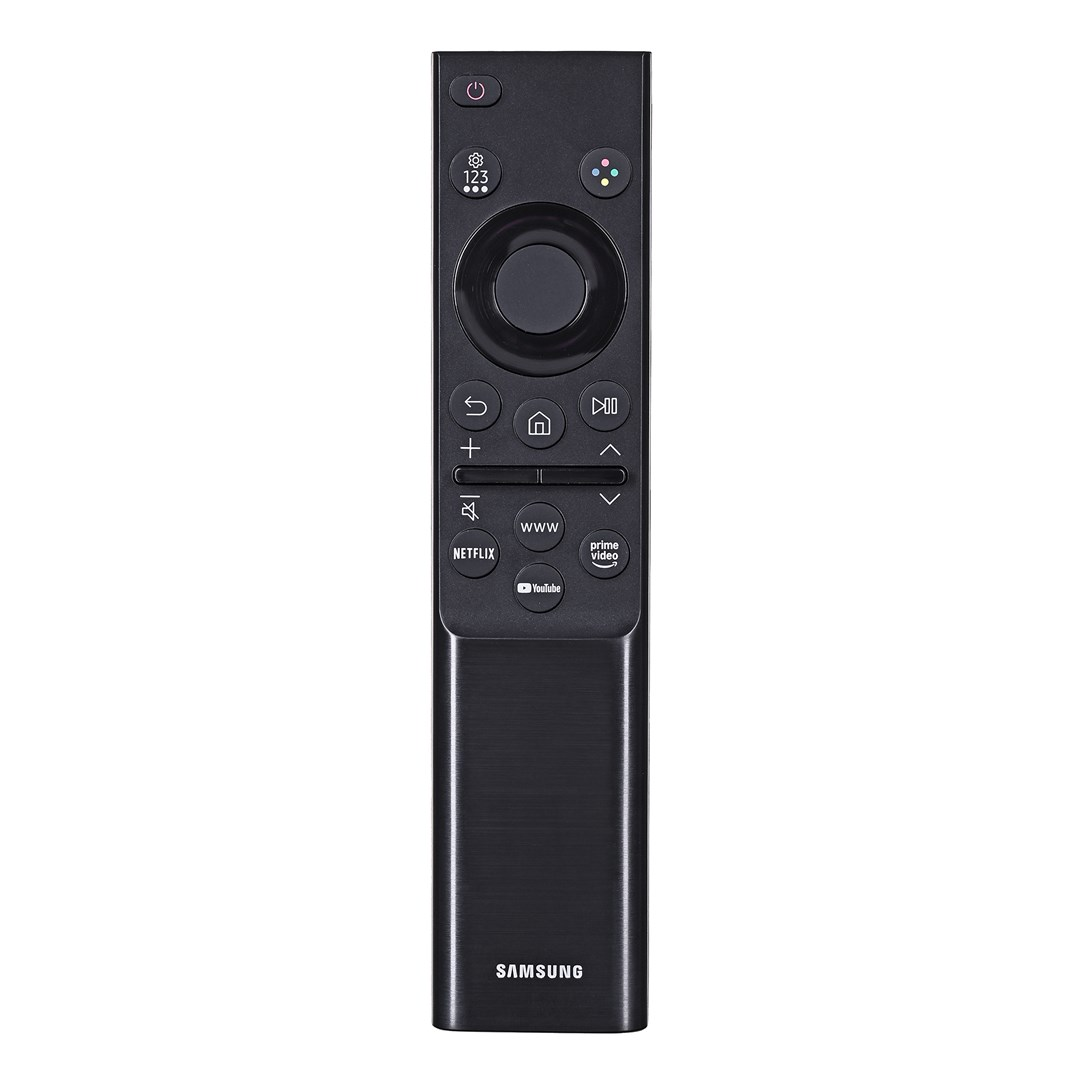 Télécommande Samsung noire. Boutons: marche/arrêt, chiffres, volume, chaîne, Netflix, YouTube, WWW et Prime Video.