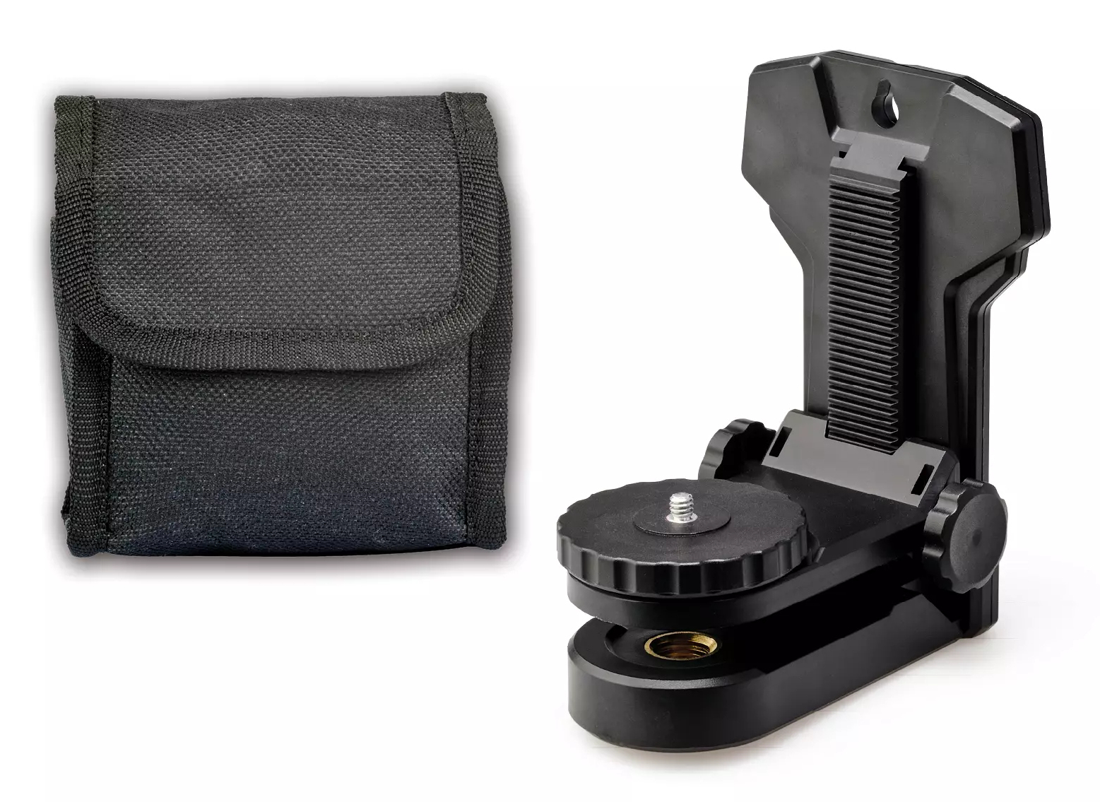 Czarny worek i czarny wspornik poziomicy laserowej na białym tle. Wspornik ma pokrętła regulacyjne i gwintowaną podstawę.