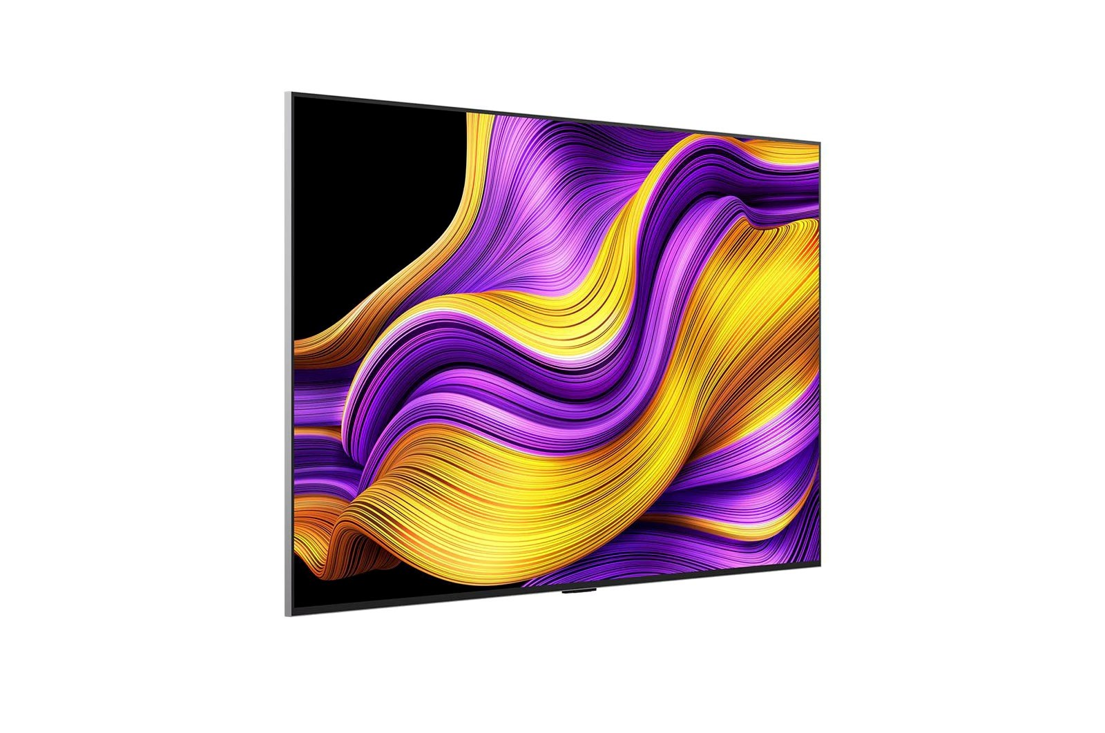 Ekran telewizora wyświetla abstrakcyjną sztukę z żółtymi, fioletowymi i czarnymi zakrzywionymi liniami, tworząc płynny wzór.