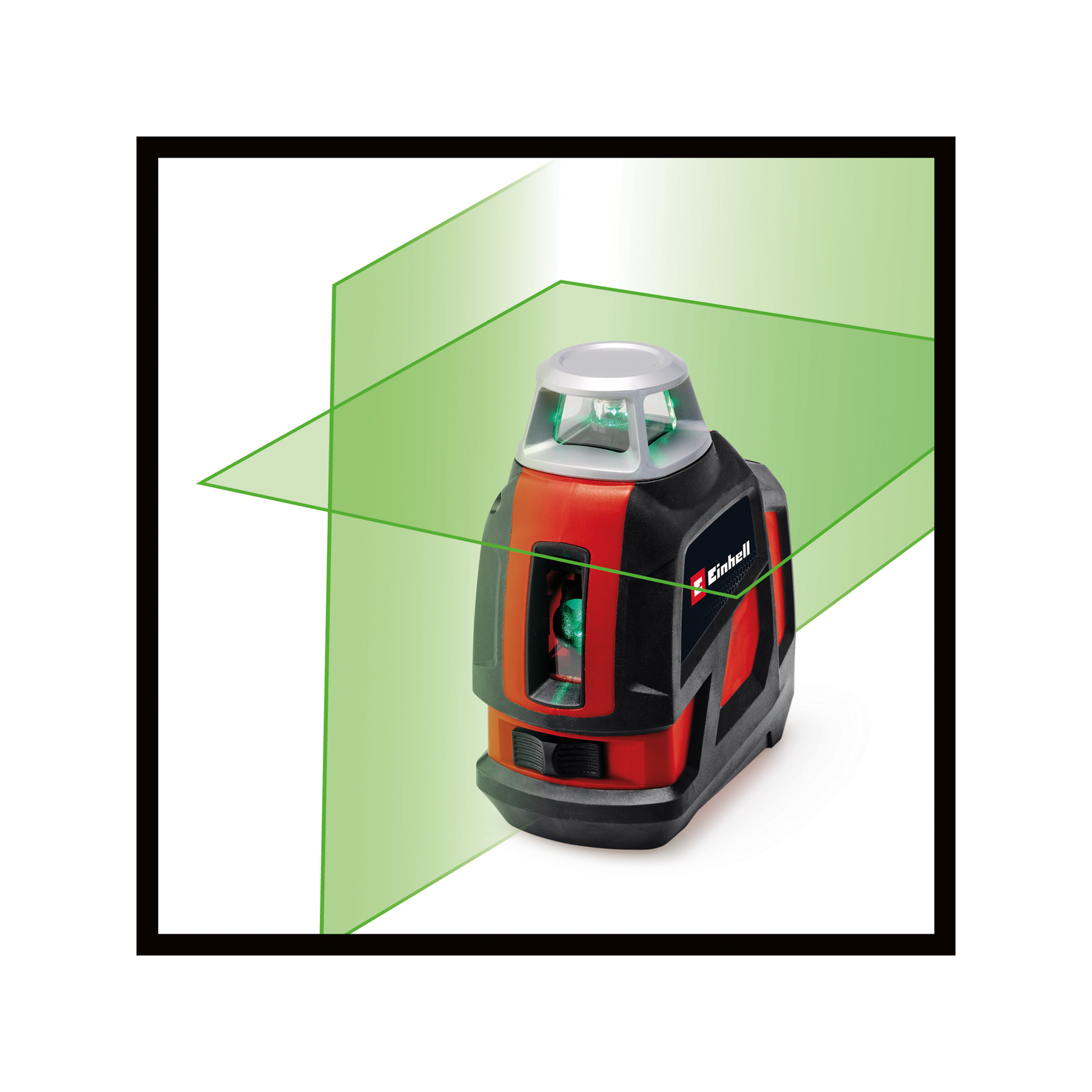 Czerwony i czarny poziomica laserowa, emitująca zielone linie lasera. Urządzenie na białym tle z czarną obwódką.