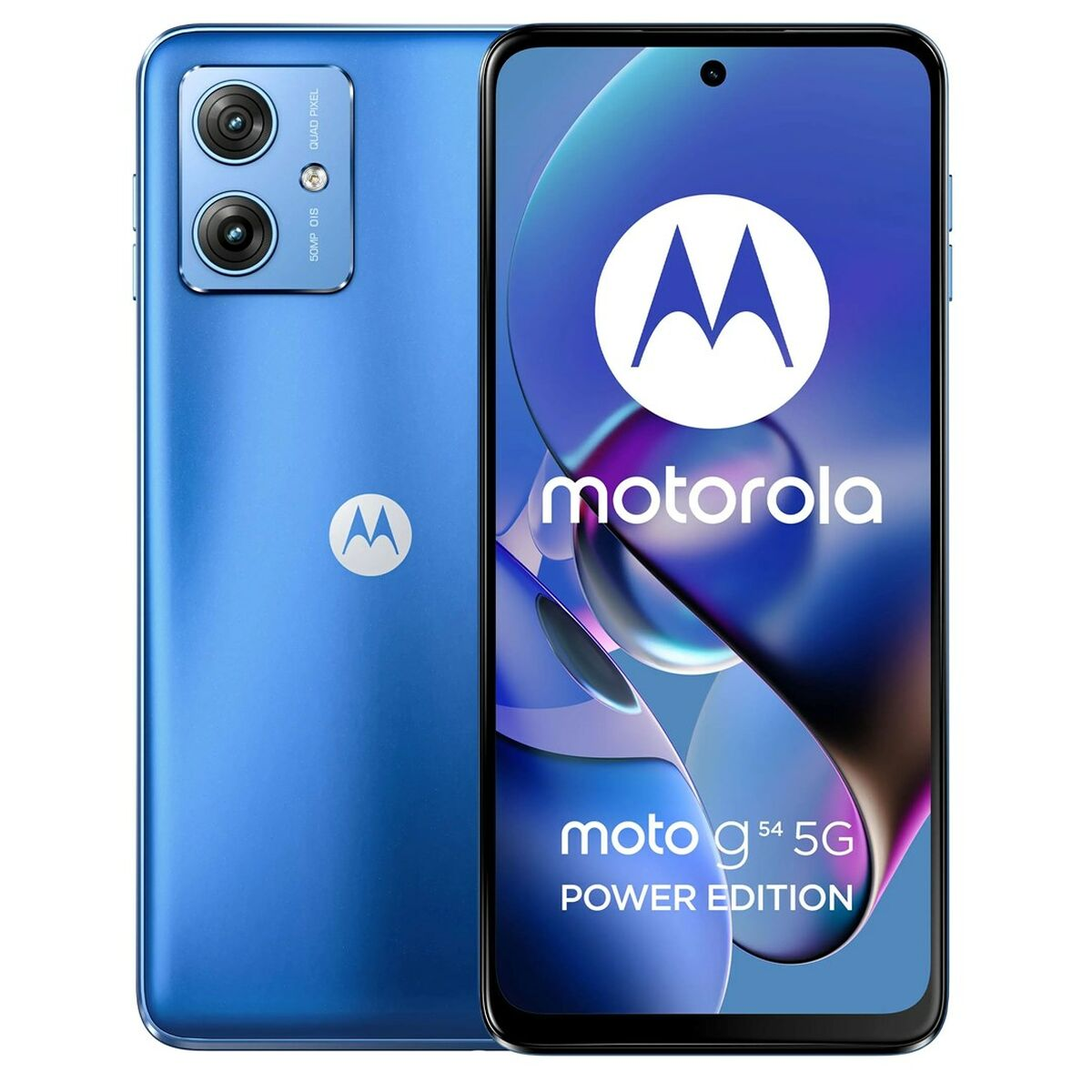Niebieski smartfon Motorola. Ma ekran wyświetlający logo Motorola i Moto g54 5G Power Edition.