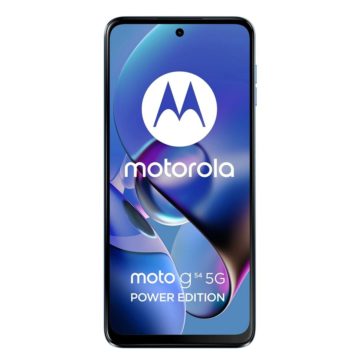 Smartfon Motorola z niebiesko-białym ekranem, logo Motorola i napisami 'moto g54 5G POWER EDITION'.