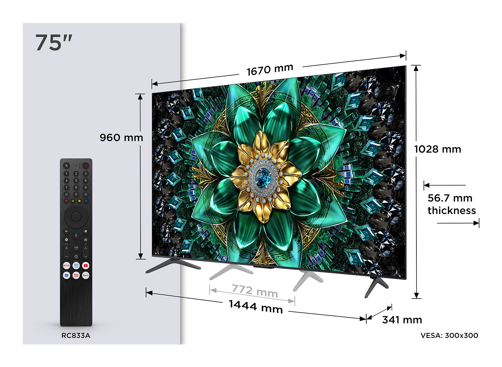Un televisore da 75" con un design floreale sullo schermo e dimensioni visualizzate. Un telecomando è a sinistra.