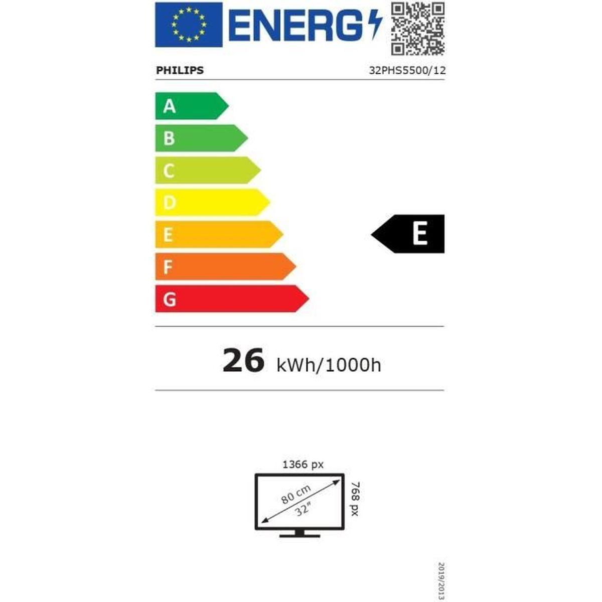 Etykieta energetyczna dla telewizora Philips. Pokazuje klasę efektywności energetycznej E, zużycie 26 kWh/1000h.