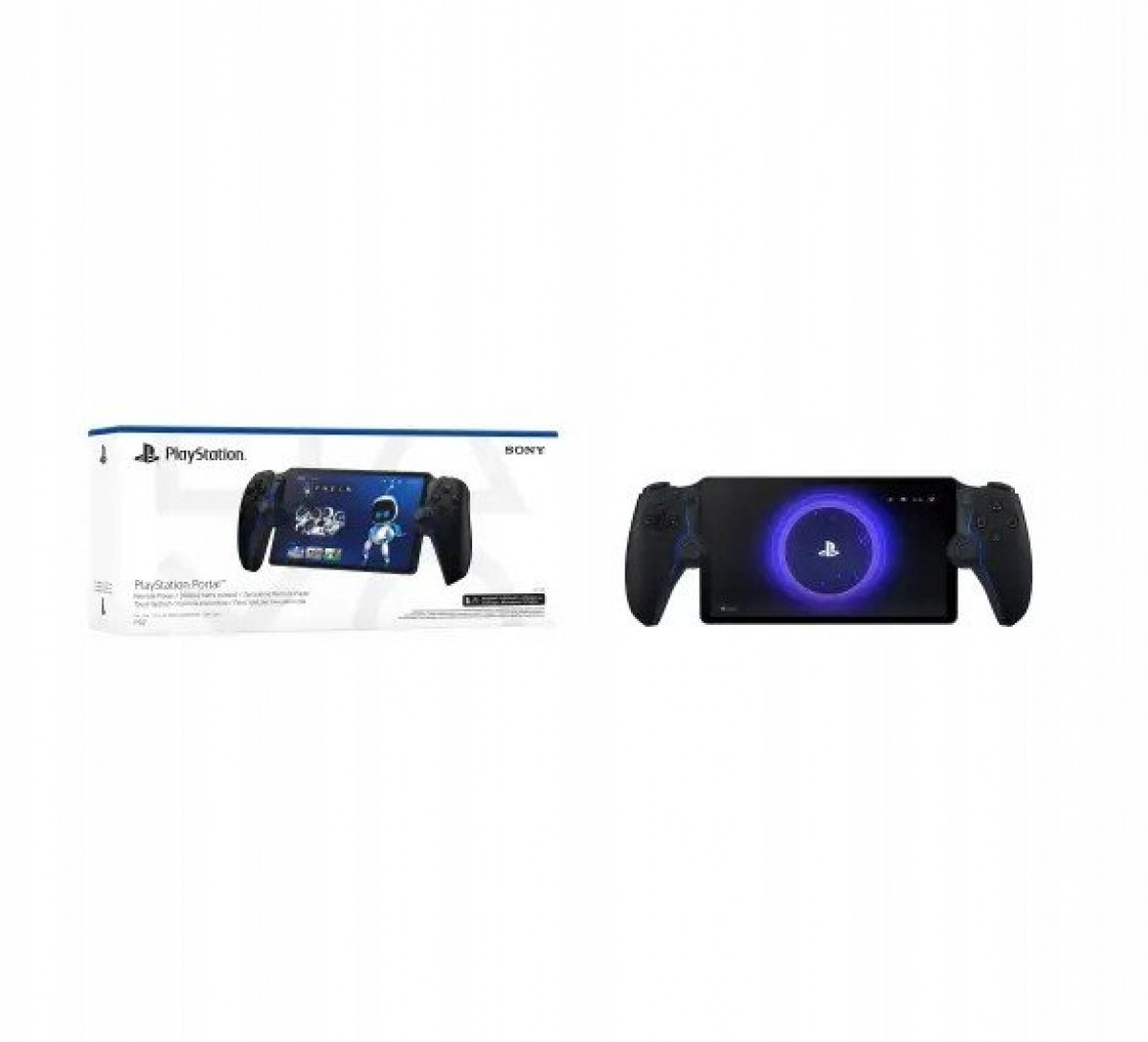 Un dispositivo PlayStation Portal con mandos conectados. En el fondo, una caja con una imagen del dispositivo.