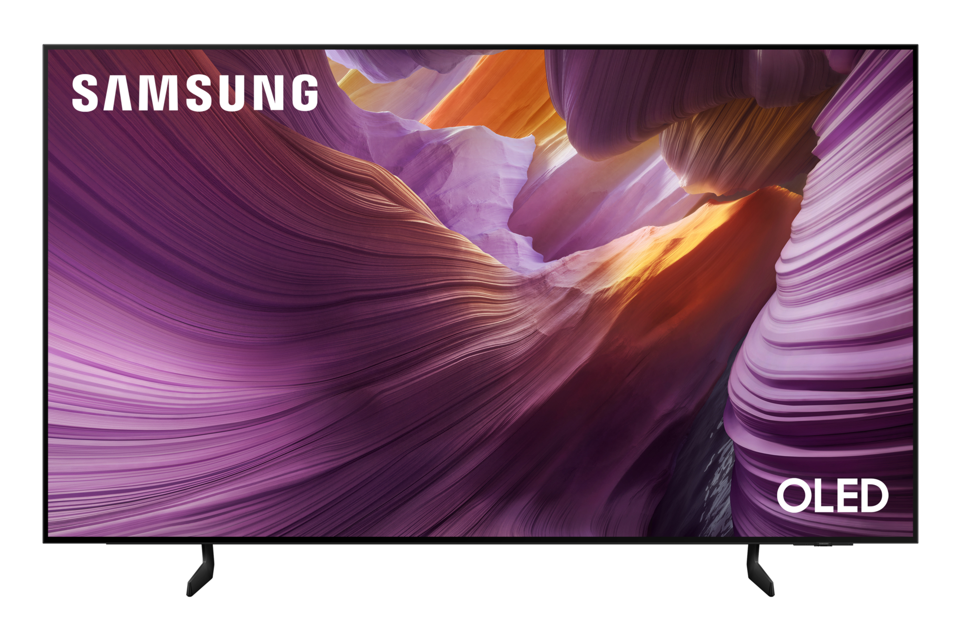TV OLED Samsung con sfondo astratto ondulato e colorato con loghi Samsung e OLED. Supporto nero in basso.