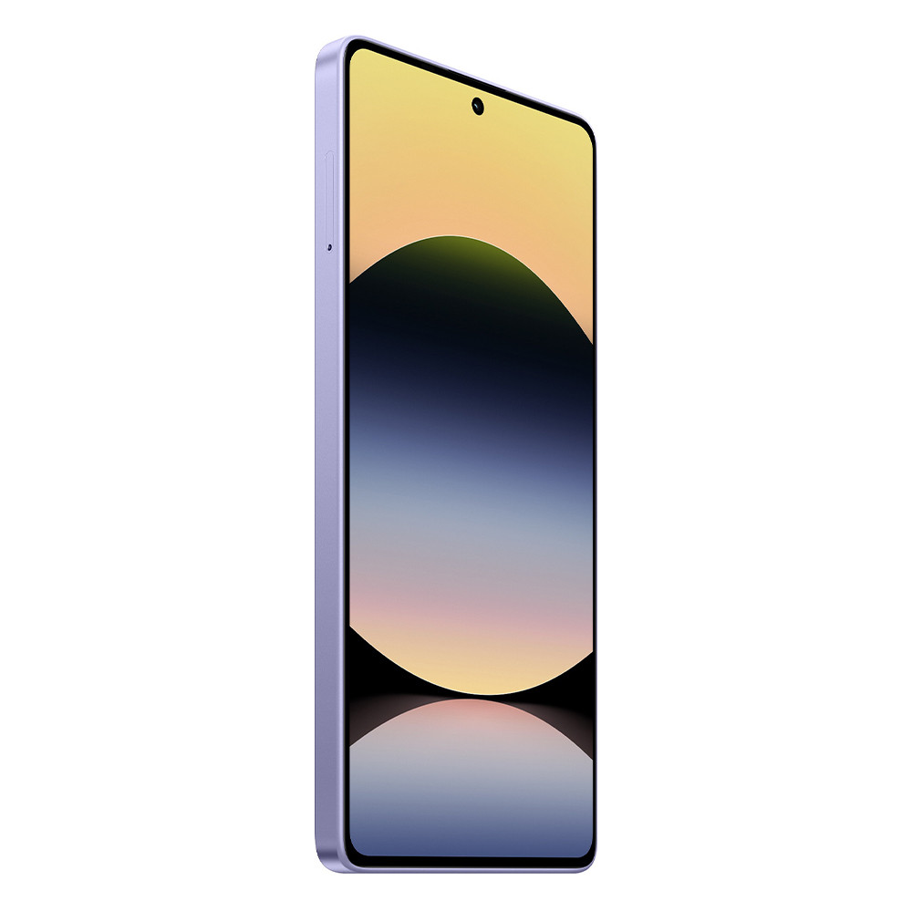 Jasnofioletowy smartfon pokazany pod kątem. Ekran wyświetla gradient od żółtego do ciemnoniebieskiego, z czarną krzywą.