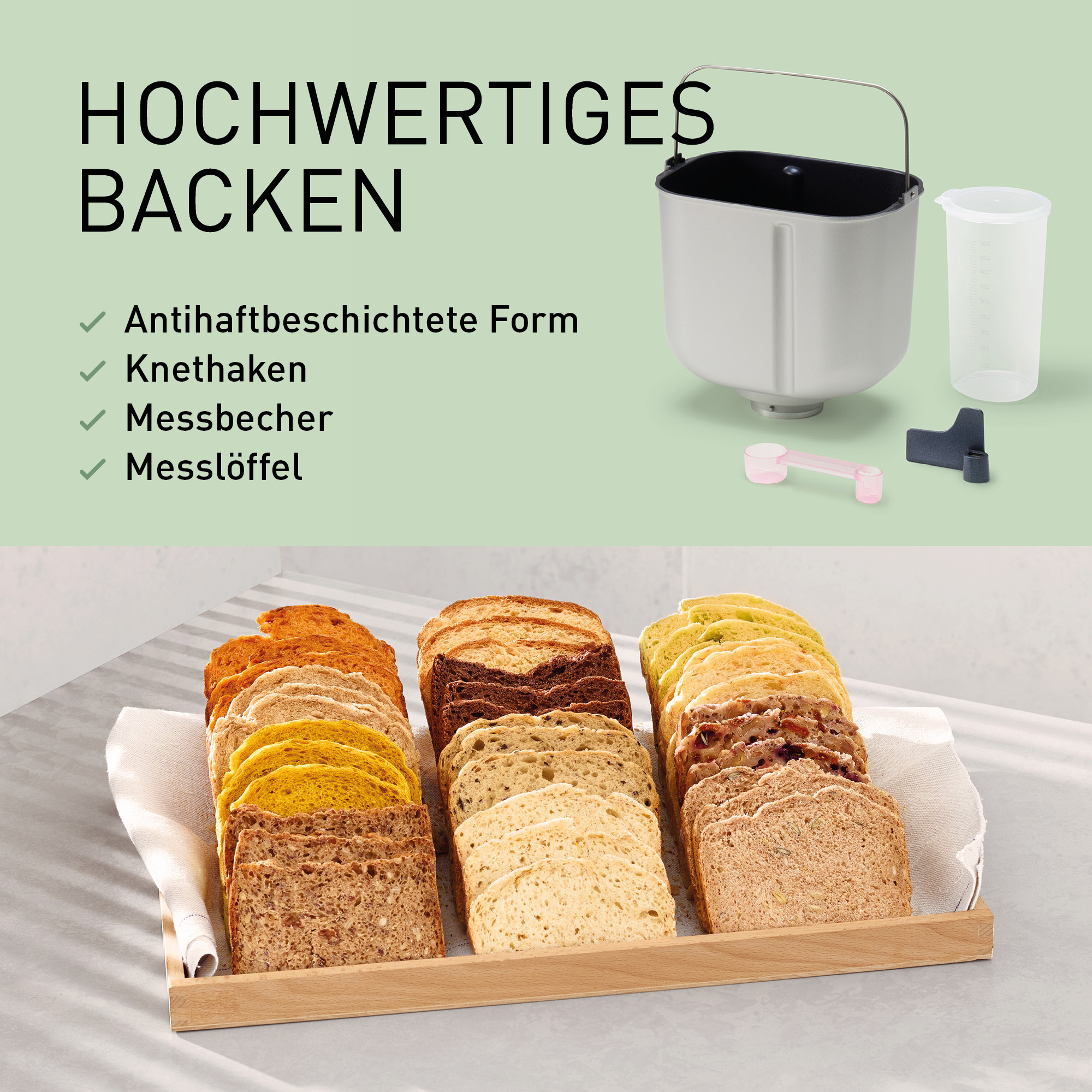 Das Bild zeigt einen Brotbackautomaten mit Zubehör und geschnittenem Brot. Brot in verschiedenen Farben und Texturen.