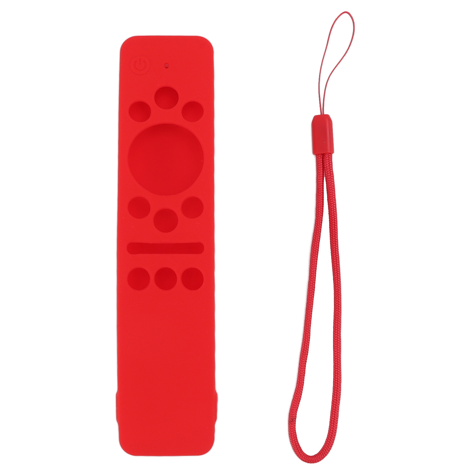 Eine rote Fernbedienung in einer Silikonhülle mit passender Handschlaufe, vor weißem Hintergrund.