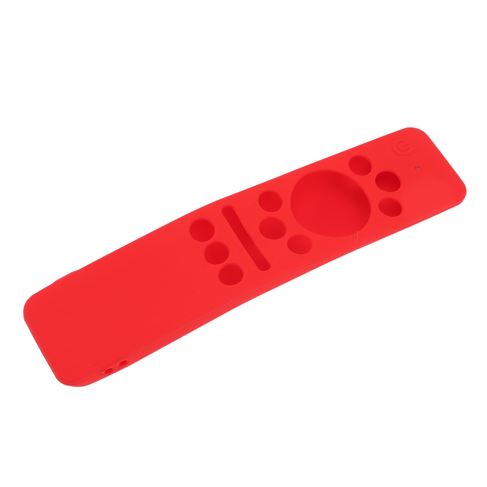 Eine rote Silikon-Fernbedienungshülle. Sie hat Umrisse von Tasten und ein Symbol für die Ein-/Aus-Taste.