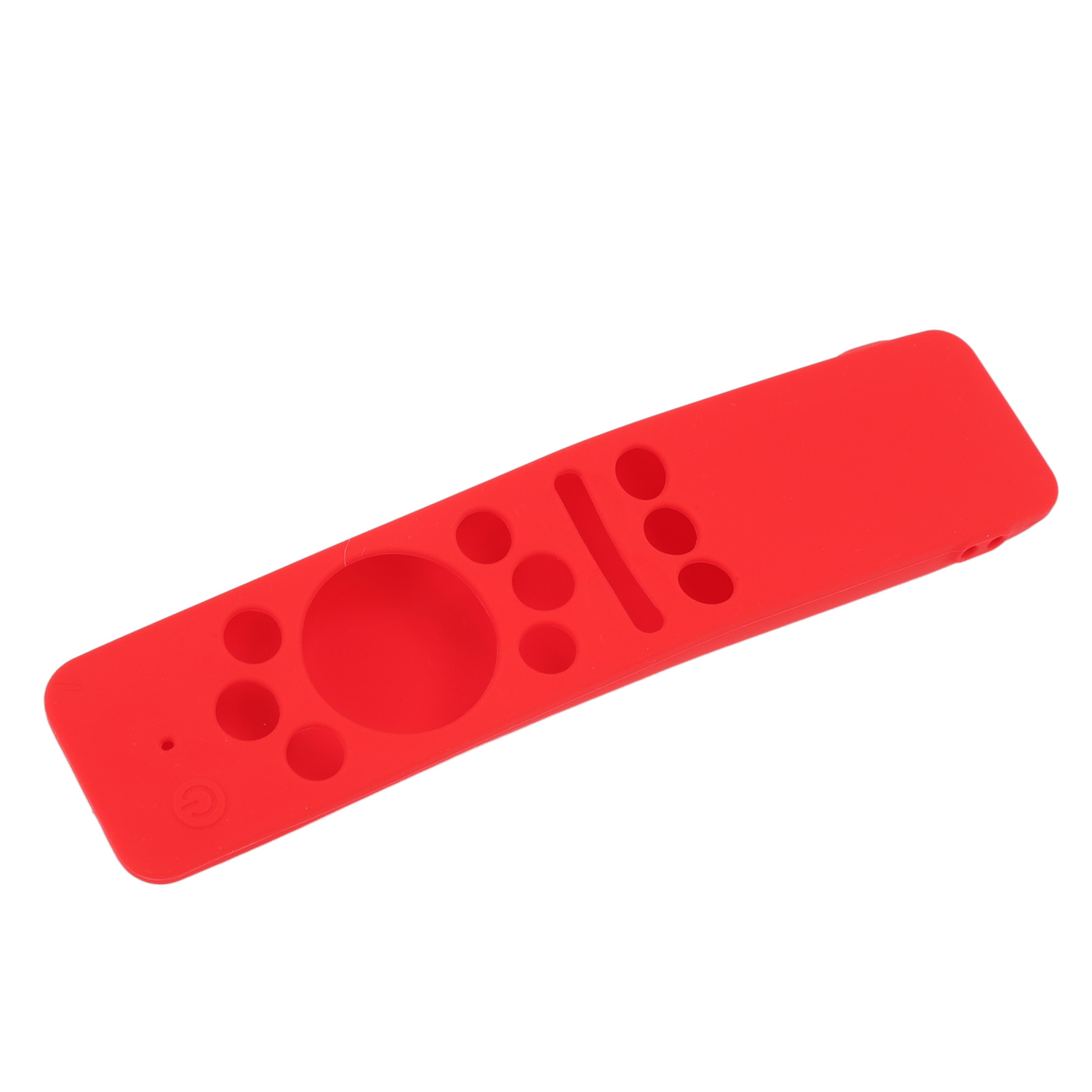 Eine rote Silikon-Fernbedienungshülle mit Knopflöchern und einem Stromsymbol, isoliert auf weißem Hintergrund.