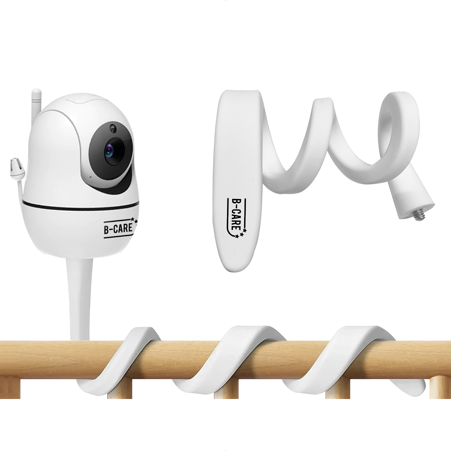 Ein weißer Babyphone mit flexiblem Arm, der um eine Holzleiste gewickelt ist. Der Monitor hat das Logo 'B-CARE'.
