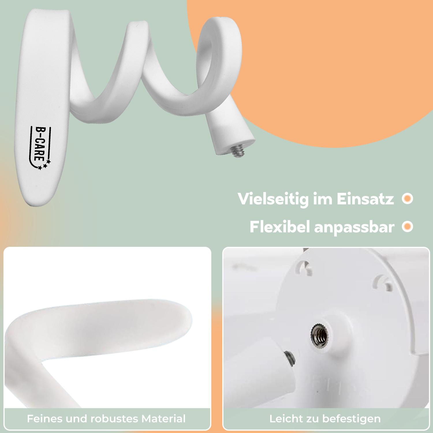 Ein weißer, flexibler Telefonhalter mit dem Logo "B-CARE". Das Bild zeigt Nahaufnahmen der Funktionen und Montage des Halters.
