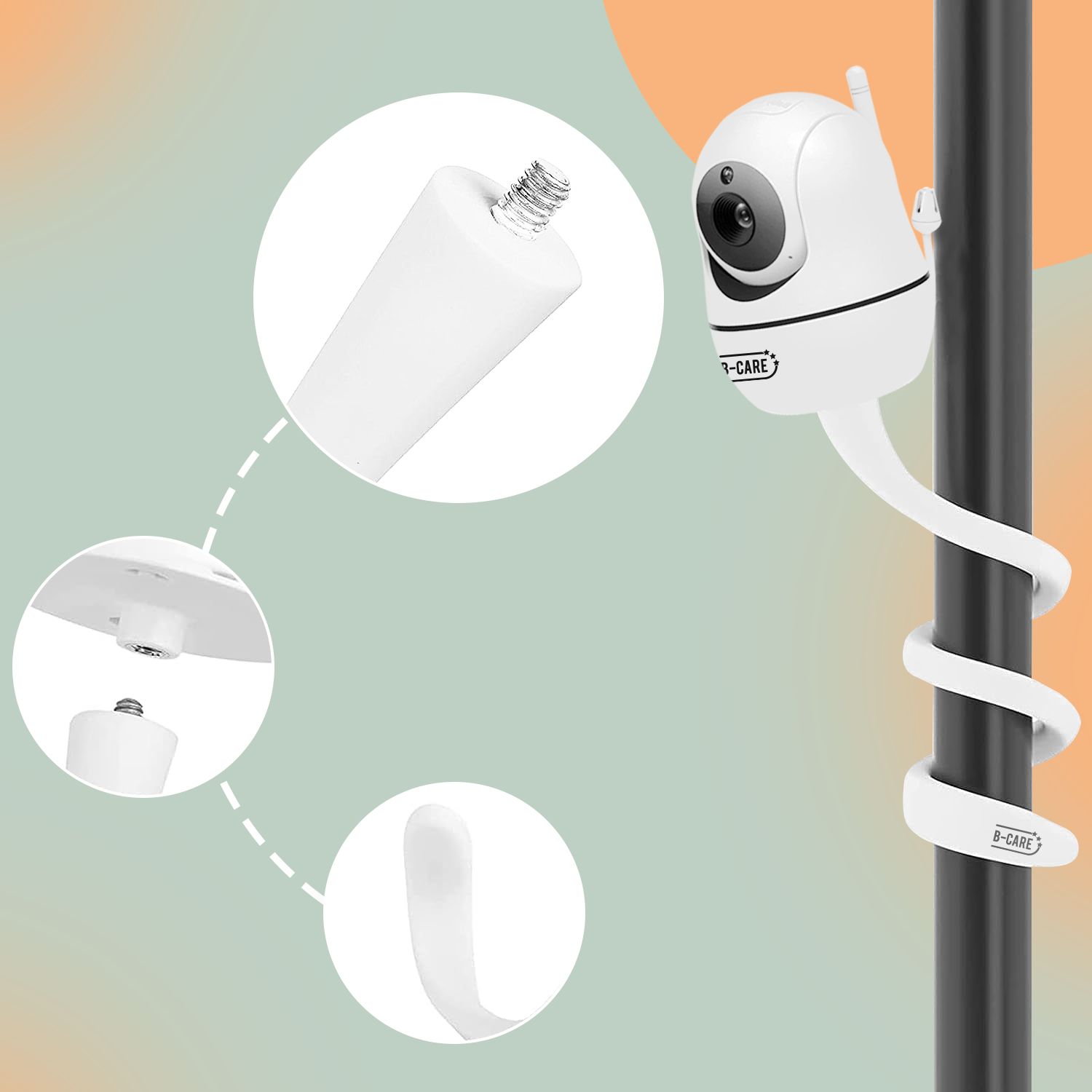Eine weiße Babyphone-Kamera und ein Montagesystem, mit Nahaufnahmen von Schraube und Befestigungsband, auf einem Farbverlauf-Hintergrund.