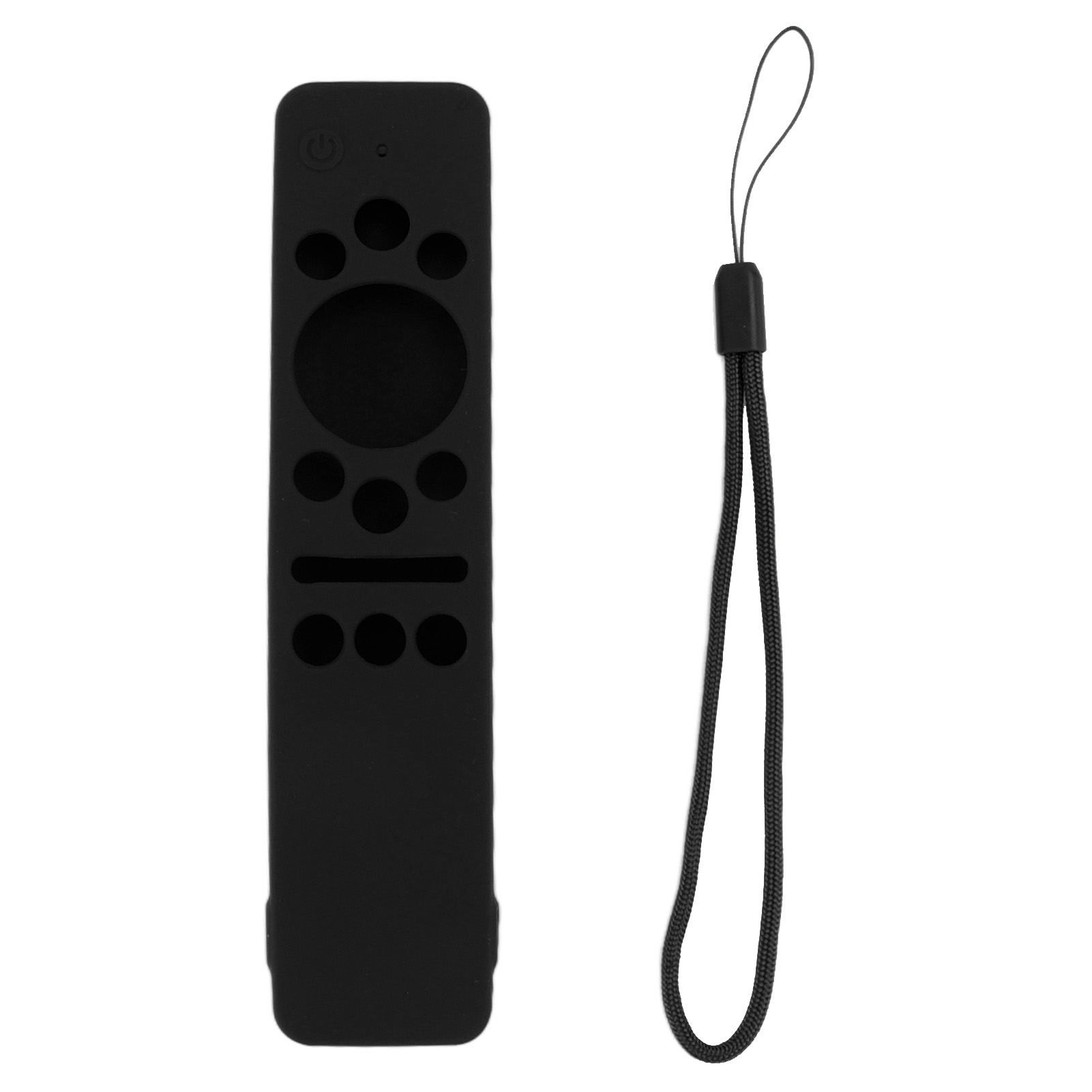 Schwarze Fernbedienungshülle mit Umhängeband. Die Hülle hat Knopflöcher und ein Power-Button-Symbol. Weißer Hintergrund.