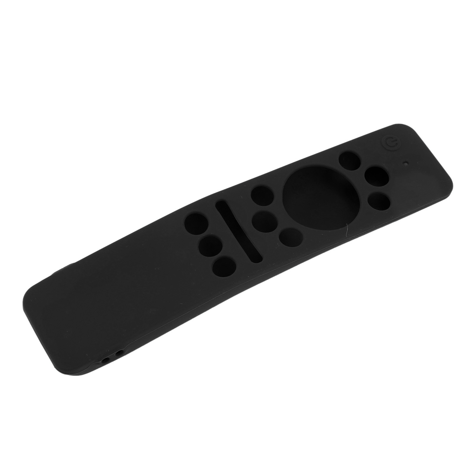 Eine schwarze Fernbedienungsabdeckung mit Knopflöchern und einem Ein-Aus-Symbol auf weißem Hintergrund.