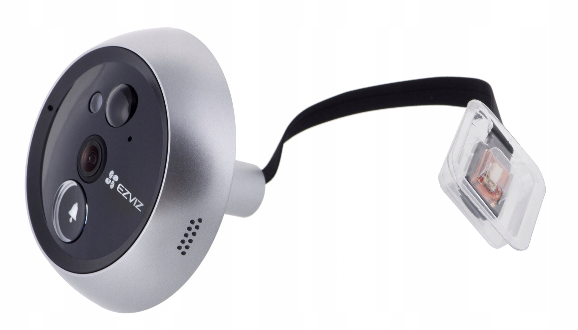 Srebrny dzwonek do drzwi EZVIZ z czarnym przewodem i przezroczystym plastikowym elementem zawierającym mały obwód.