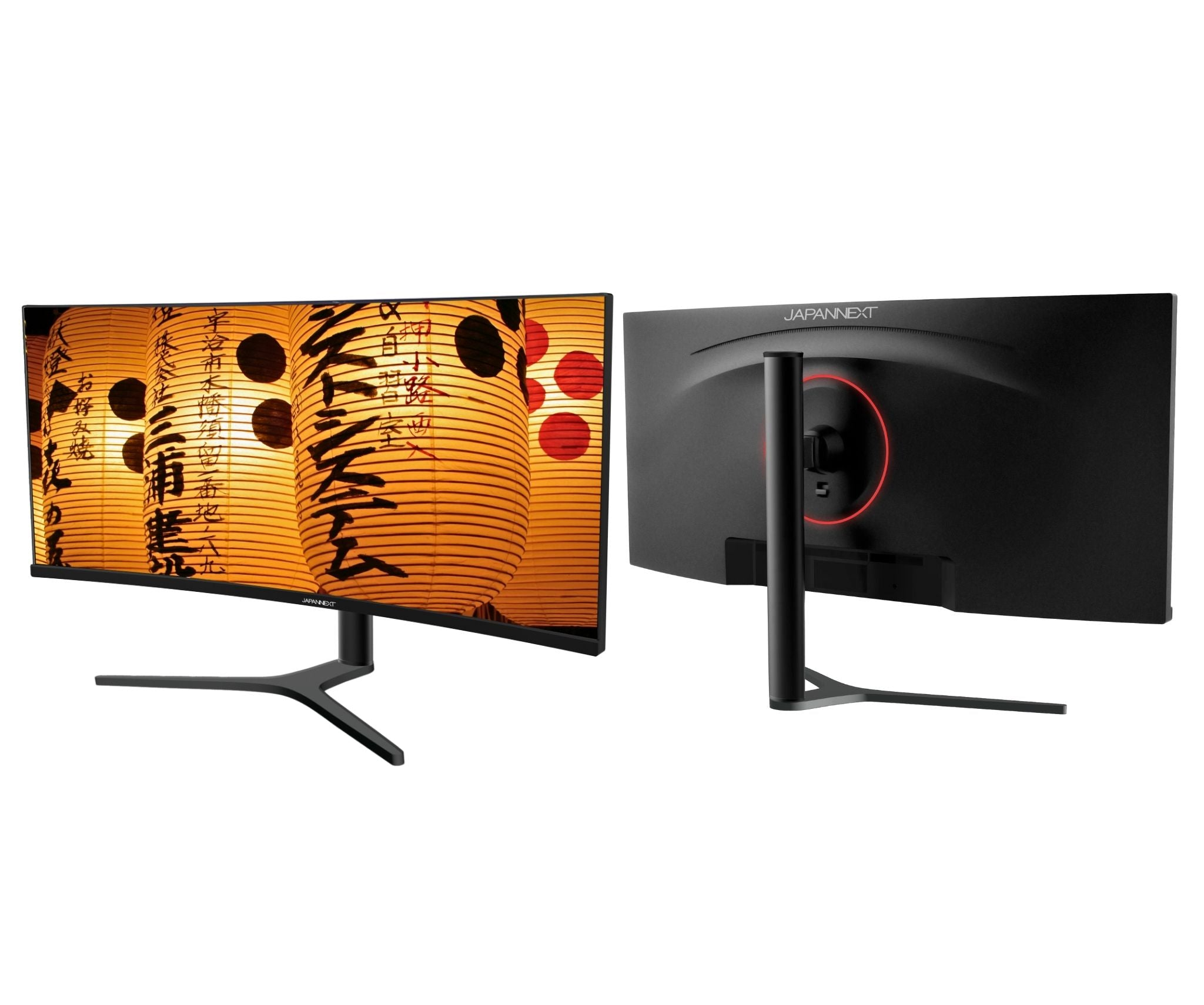 Zwei schwarze Computermonitore. Der linke zeigt gelbe Laternen. Der rechte zeigt die Rückseite mit einem roten Kreis.