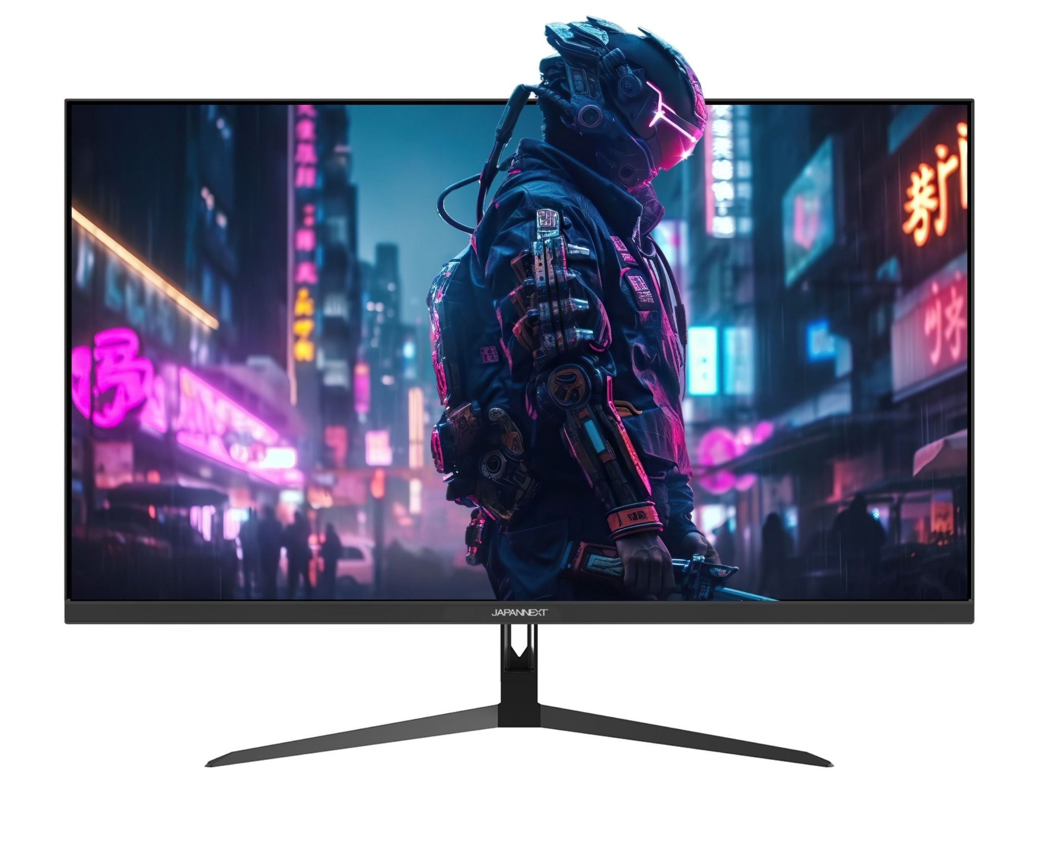 Der Monitor zeigt einen futuristischen Krieger in einer neonbeleuchteten Stadt. Der Monitor hat einen schwarzen Rahmen und einen schwarzen Ständer.