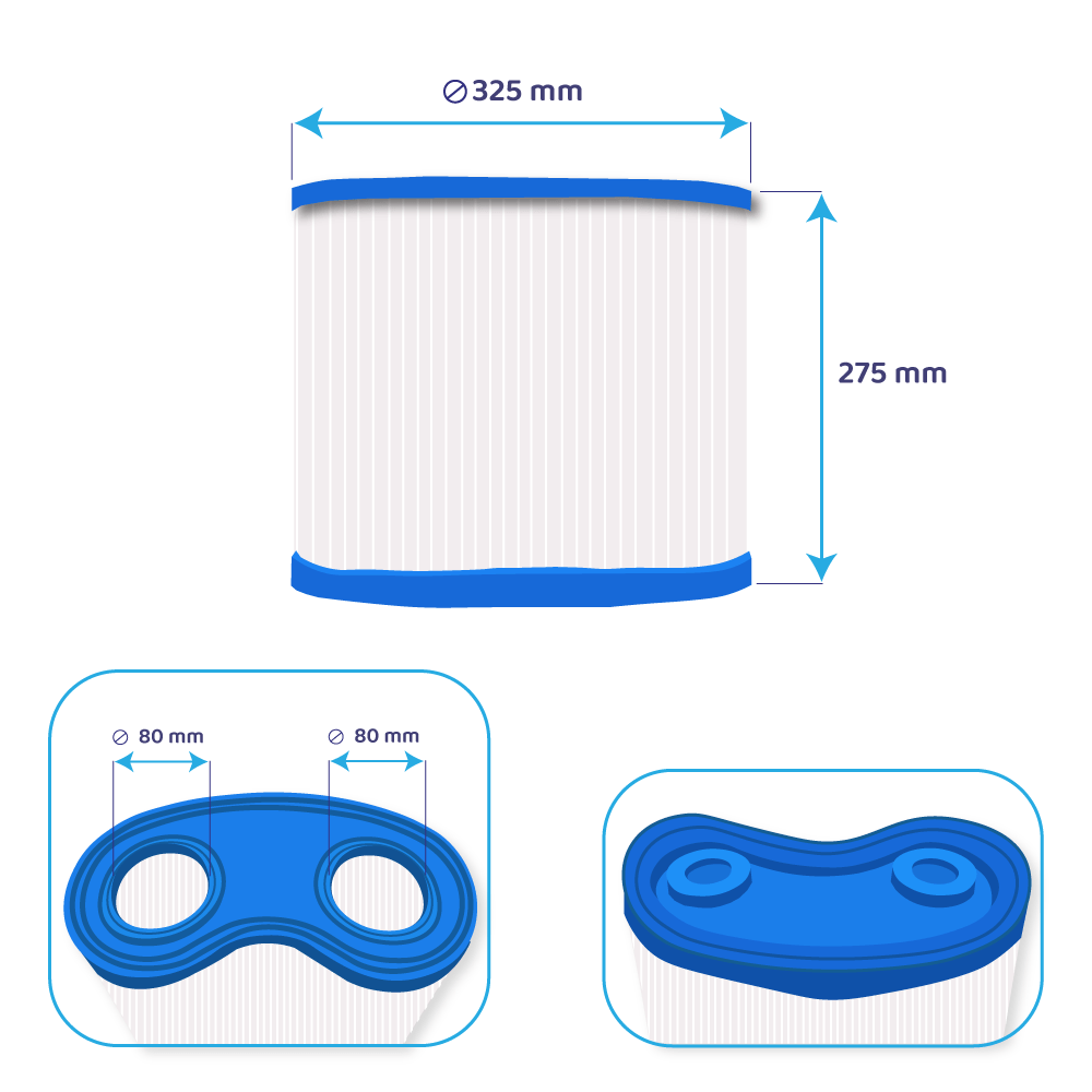 Diagramm eines zylindrischen Filters mit Abmessungen. Es hat blaue Ränder und misst 325 mm Durchmesser und 275 mm Höhe. Zwei blaue Teile unten.