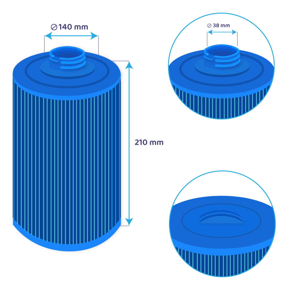 Un filtro cilindrico blu con dimensioni: 140 mm di diametro, 210 mm di altezza e apertura superiore di 38 mm. Primi piani dettagliati.