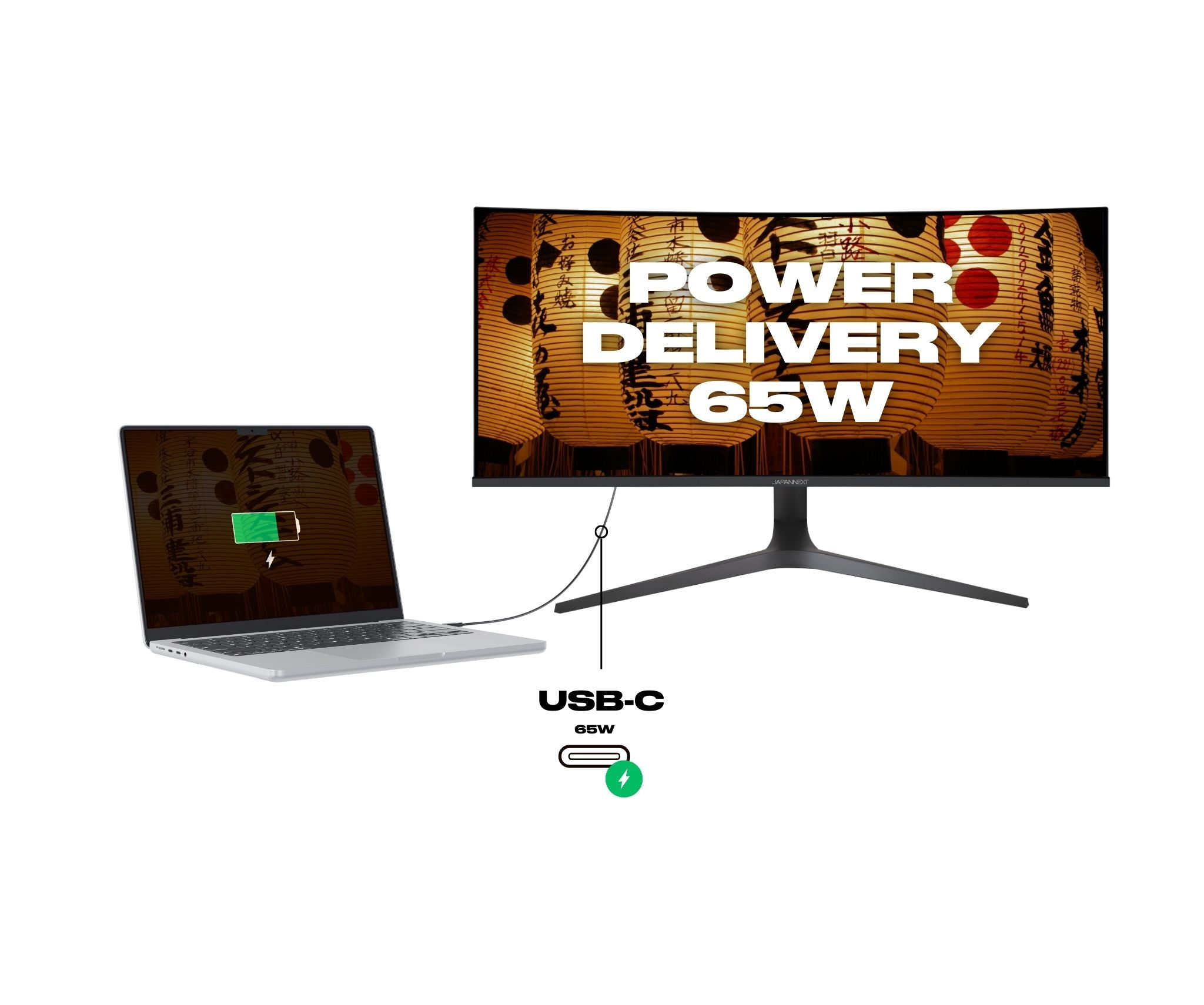 Ein Laptop, der über USB-C von einem Monitor aufgeladen wird. Der Monitor zeigt 'POWER DELIVERY 65W'. Hintergrund ist japanische Laternen.