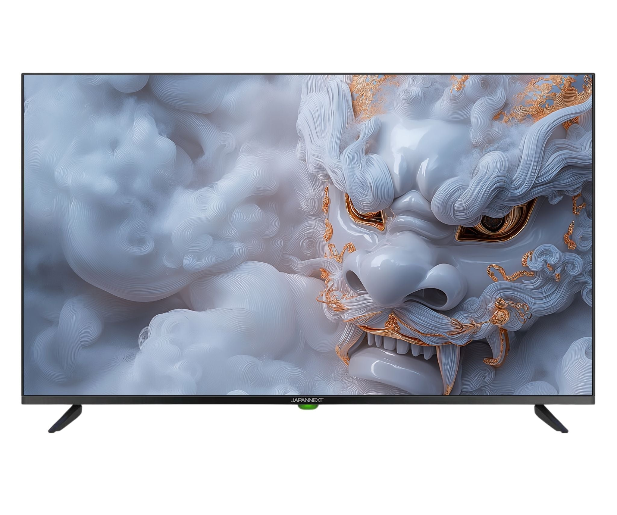 Uno schermo TV mostra una figura bianca 3D a forma di drago con dettagli dorati. La TV è nera con gambe nere.