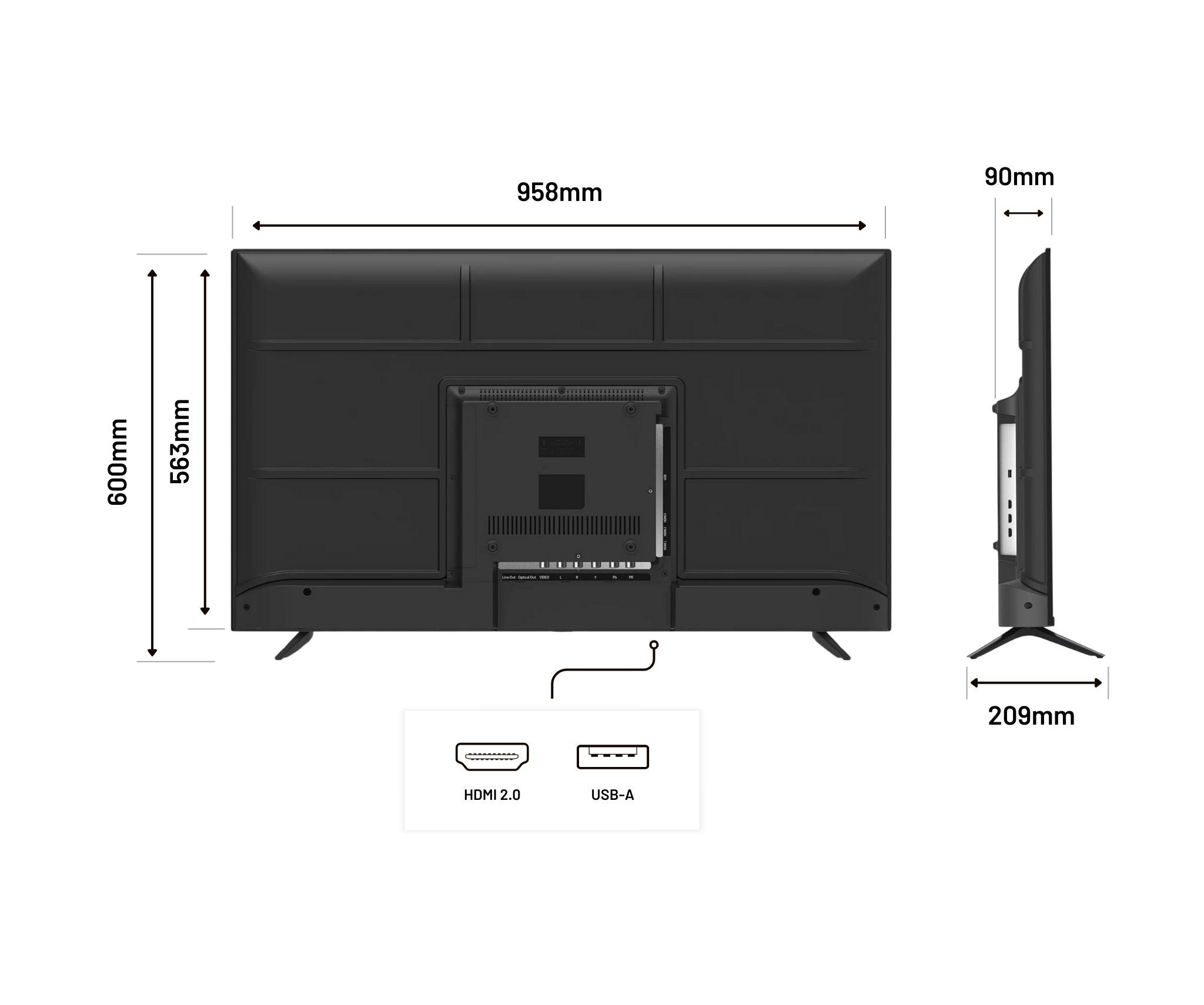 Una TV nera con dimensioni. Porte HDMI e USB visibili. Le misure indicano larghezza, altezza e profondità.