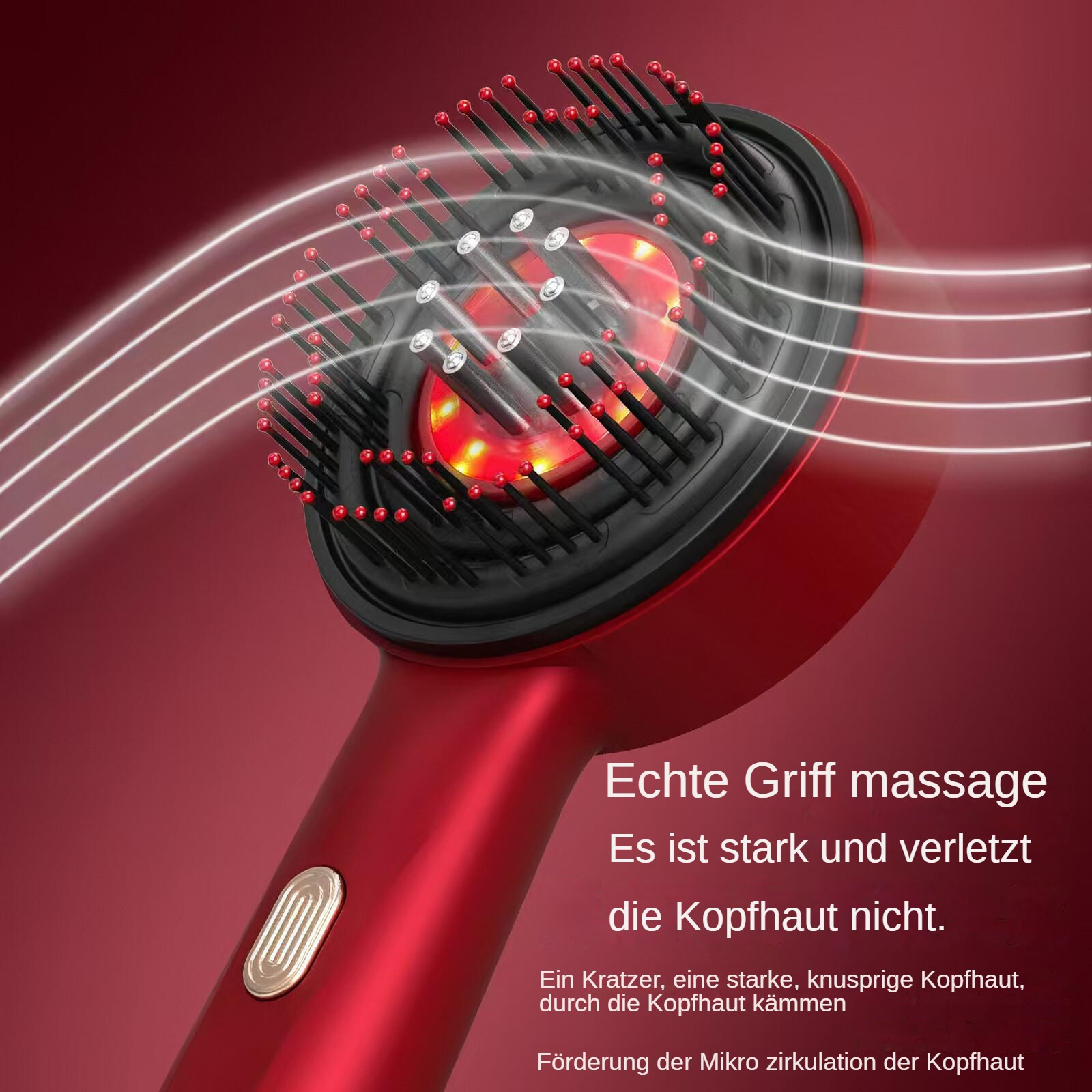 Eine rot-schwarze Haarbürste mit roten Spitzen und einem roten Licht im Inneren. Weiße Linien scheinen von der Bürste auszugehen.