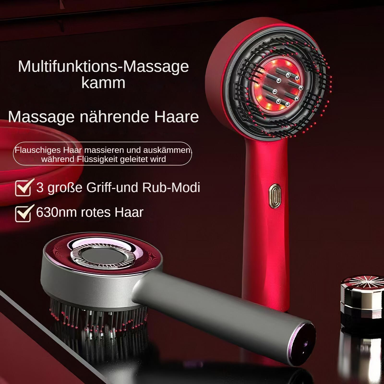 Roter und grauer Haarmassagegerät mit Textüberlagerung. Zeigt das Produkt und seine Funktionen. Text enthält Massage und Haarpflege.