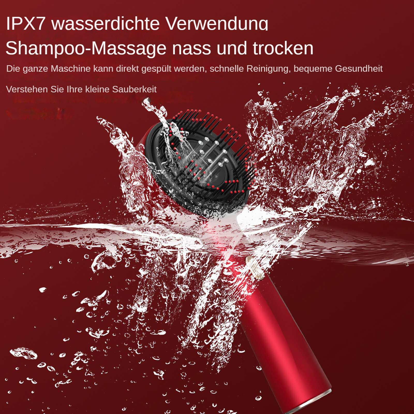 Ein rotes und schwarzes Haarmassagegerät, das in Wasser getaucht ist. Wasser spritzt um das Gerät herum, mit Text im Hintergrund.