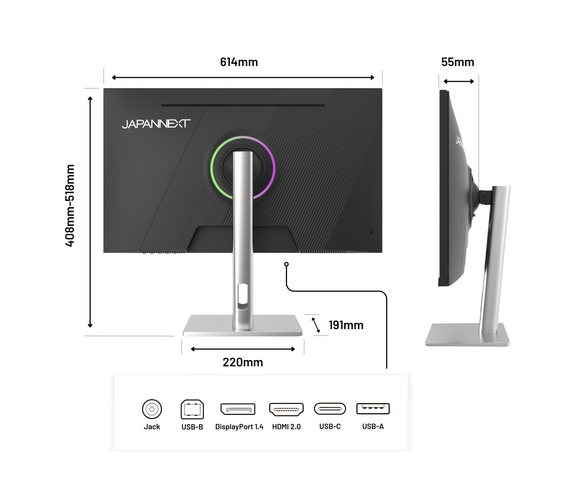 Ein JAPANNEXT-Monitor mit beschrifteten Abmessungen. Der Monitor ist schwarz und hat einen silbernen Ständer. Anschlüsse unten.
