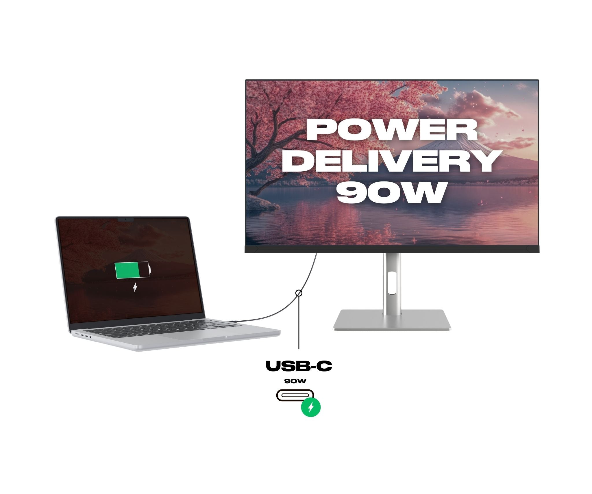 Ein Laptop ist mit einem Monitor verbunden, der ein Ladesymbol anzeigt. Der Monitor zeigt "POWER DELIVERY 90W".