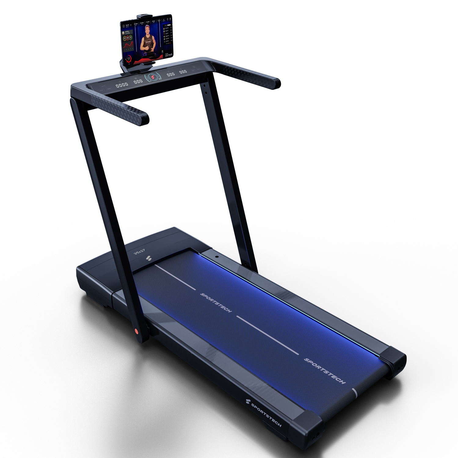 Ein schwarzes Laufband mit blauer Lauffläche und Tablet, das ein Training anzeigt. Die Marke ist SPORTSSTECH.