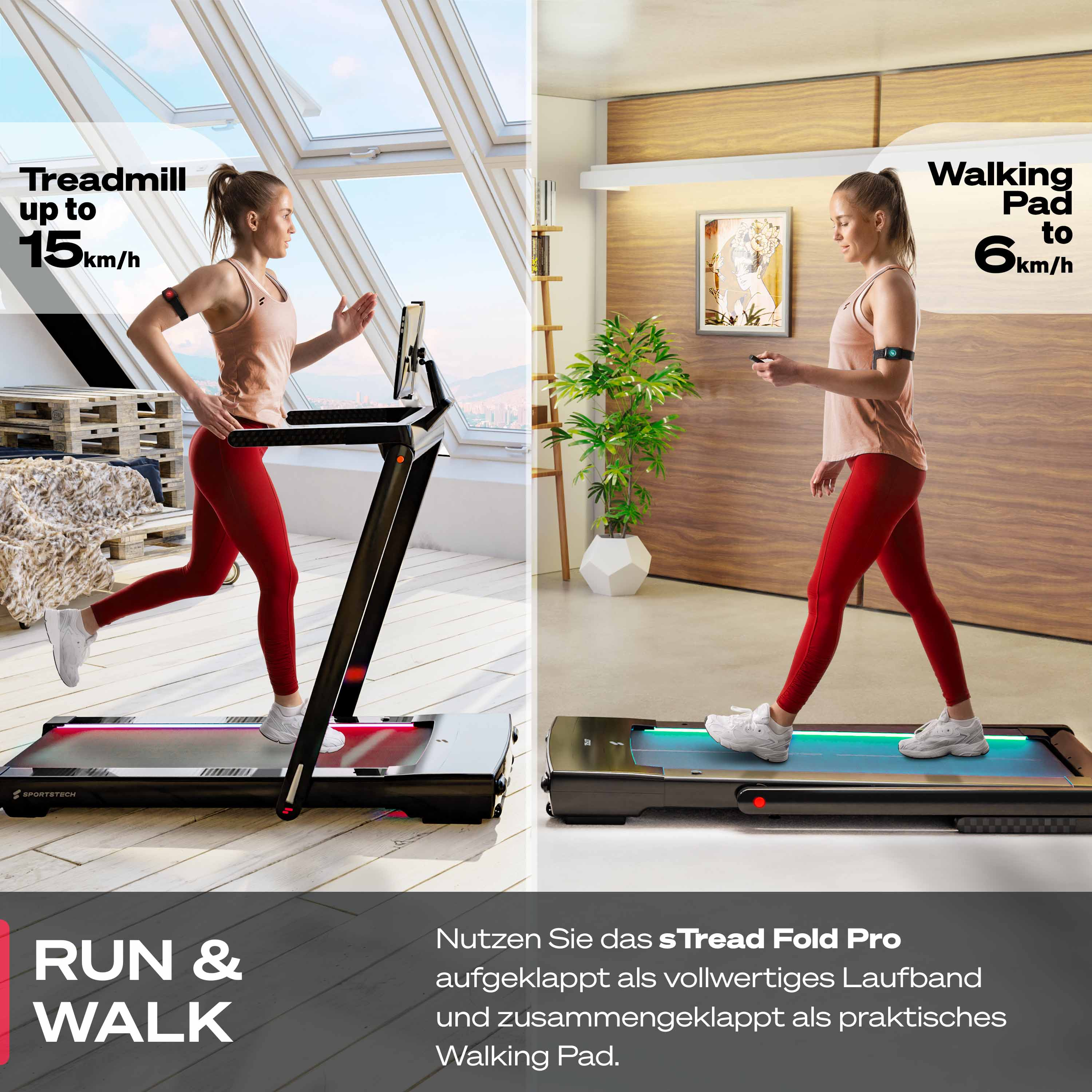 Eine Frau läuft auf einem Laufband; eine andere Frau geht auf einem Walking-Pad. Text: Laufen & Gehen, Laufband bis 15 km/h.