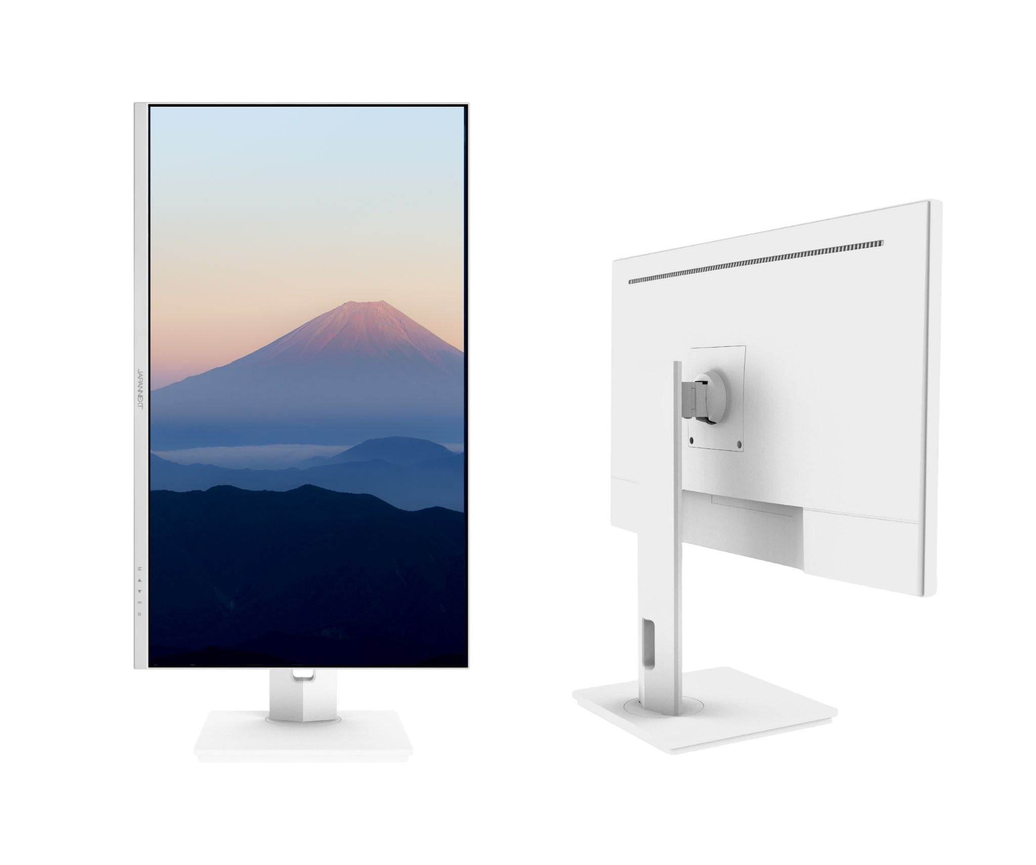 Ein weißer Computermonitor zeigt eine Berglandschaft. Die Rückseite des Monitors ist ebenfalls sichtbar.